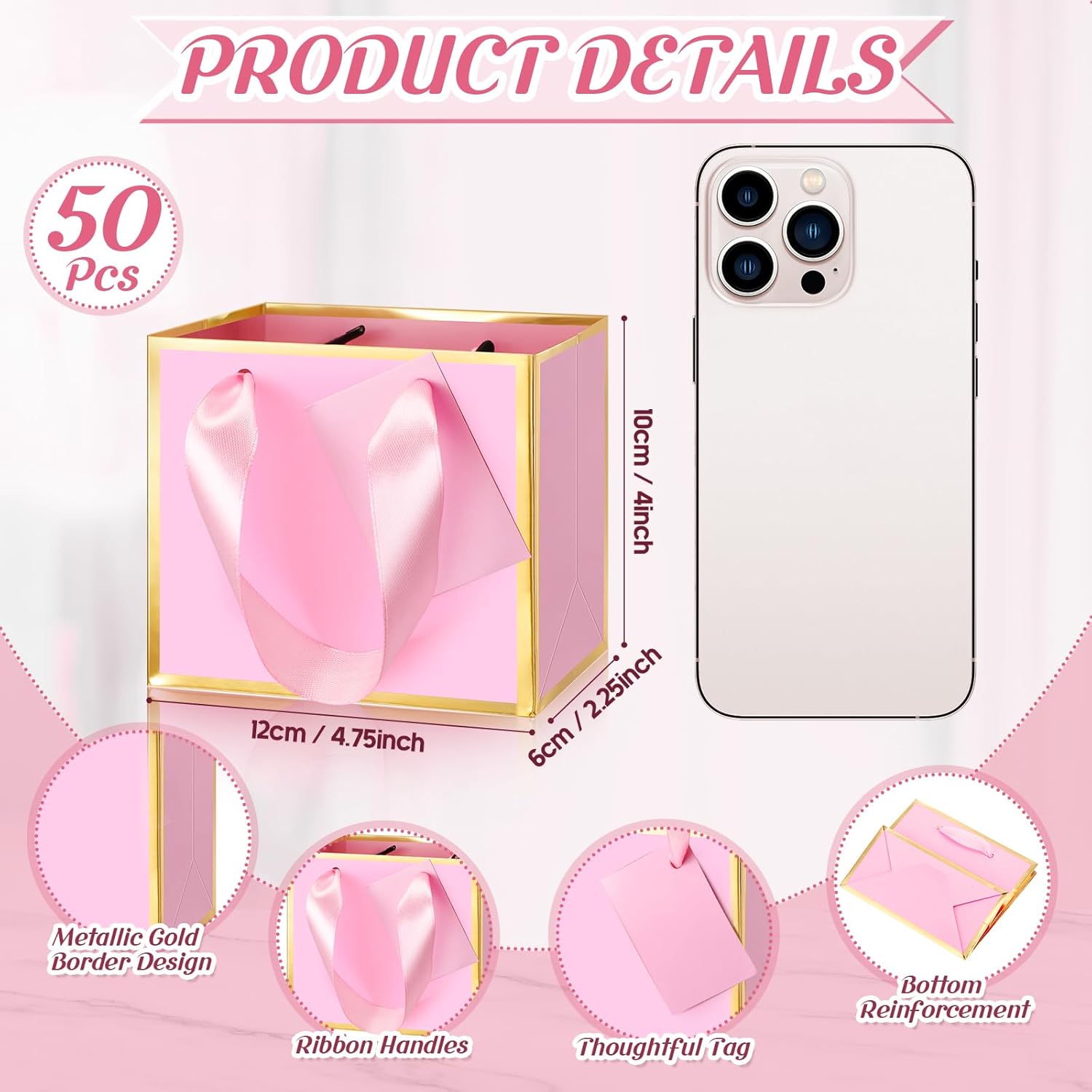 Yeaqee 50 Pcs Mini Metallic Foil Gift Bags with Handles Pink Gold