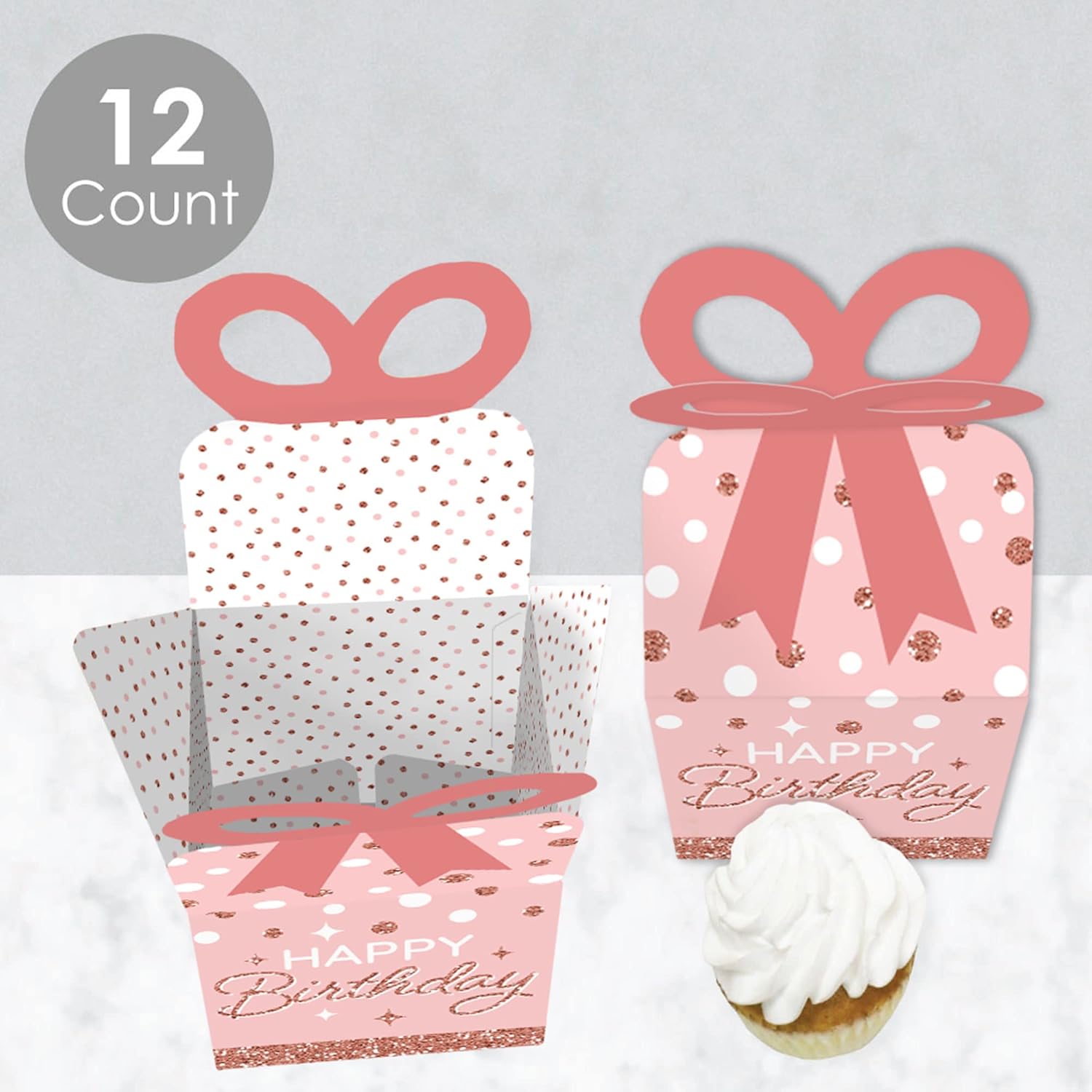 Big Dot of Happiness Pink Rose Gold Birthday Bow Boxes Set of 12