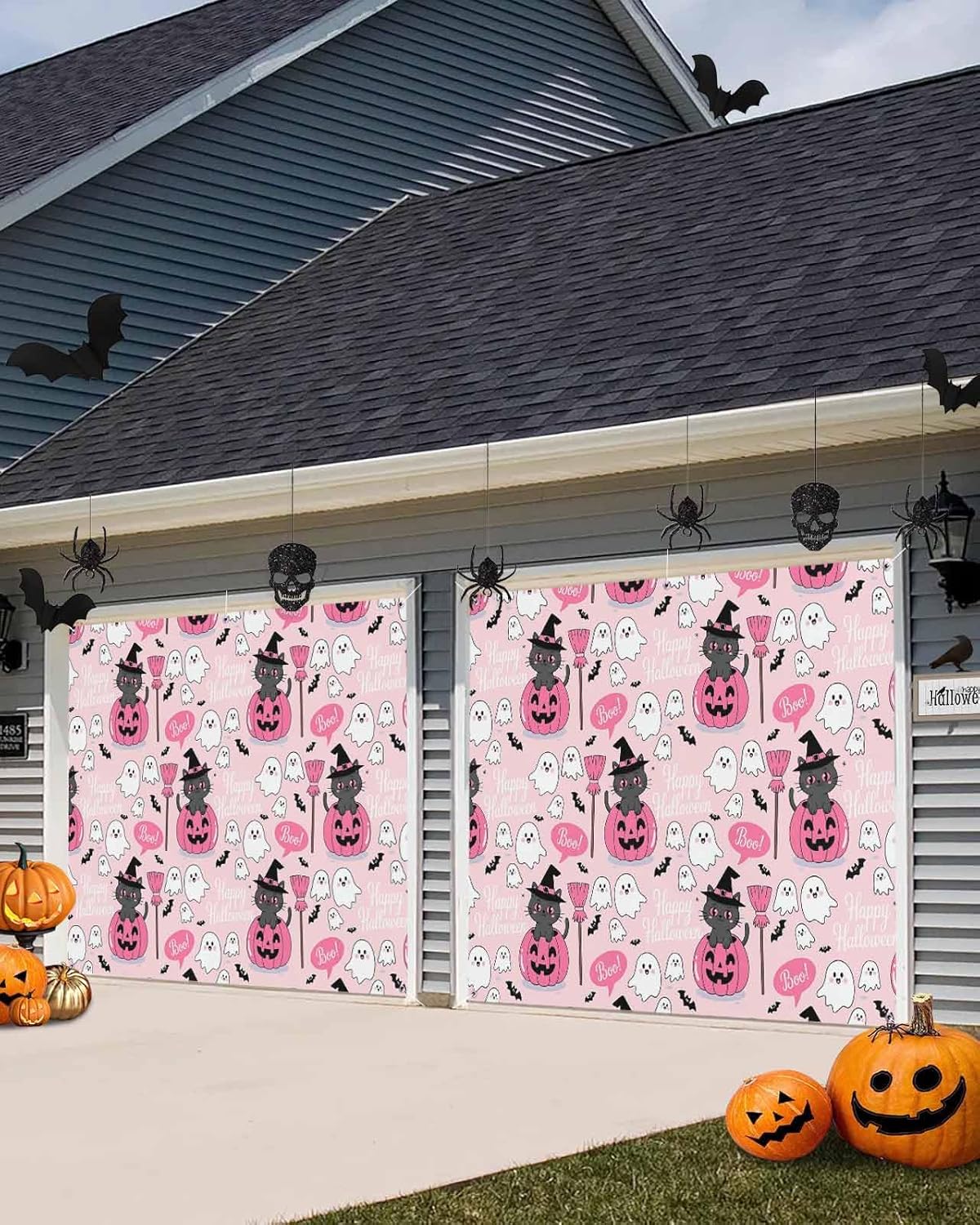 IDOWMAT Cartoon Pumpkin Cat Broom Garage Door Cover 6x13ft