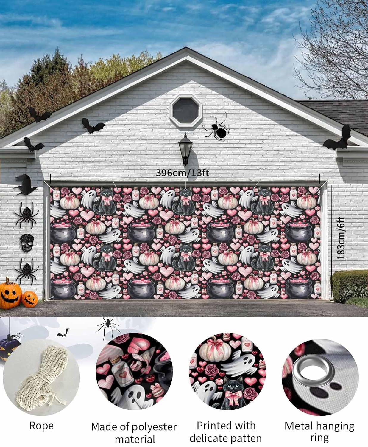 Halloween Cat Ghost Heart Garage Door Cover 7x8ft Black