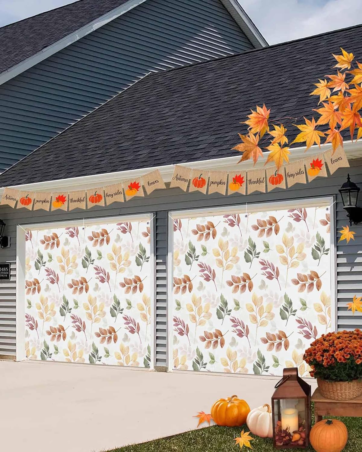 IDOWMAT Autumn Eucalyptus Leaf Garage Door Cover 7x8ft