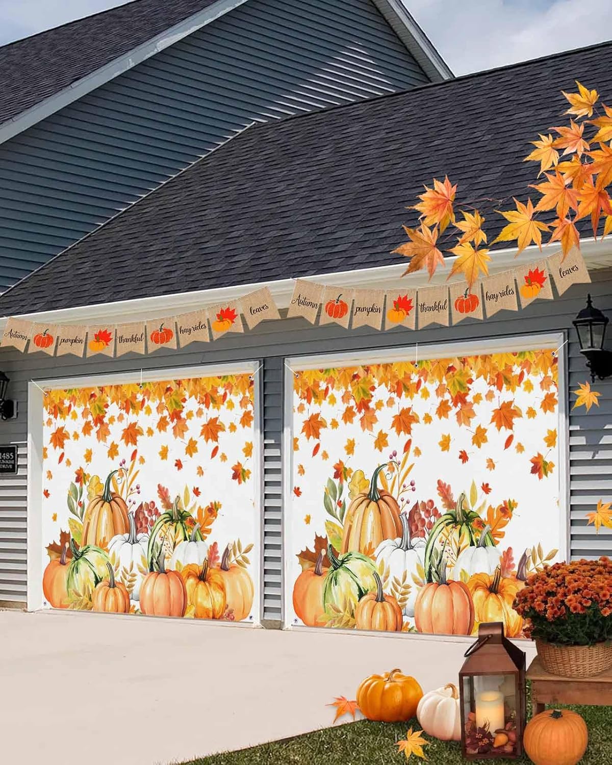 Thanksgiving Pumpkin Maple Leaves Garage Door Cover 7x8ft