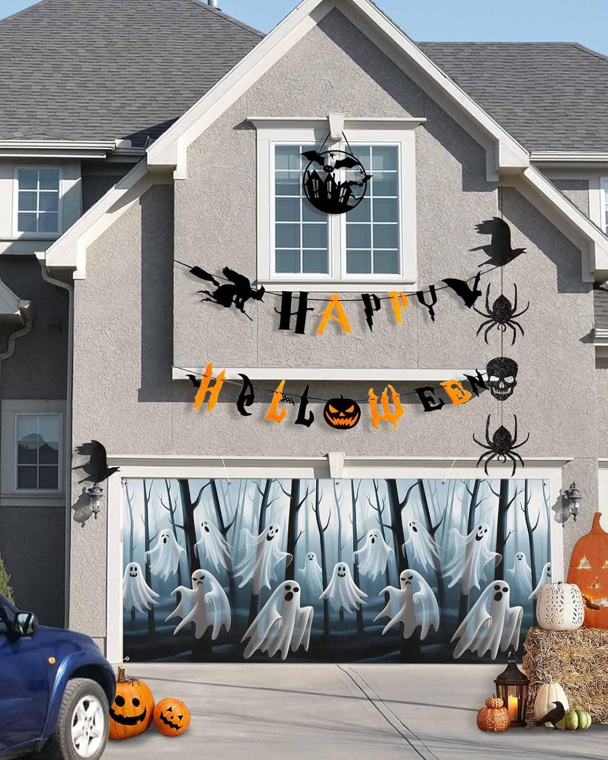 Halloween Ghost Decor Garage Door Cover 7x8ft Black