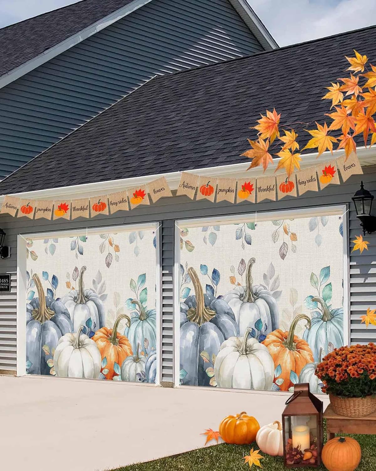Autumn Pumpkin Garage Door Cover 7x8ft Blue Eucalyptus Leaves Hanging Banner