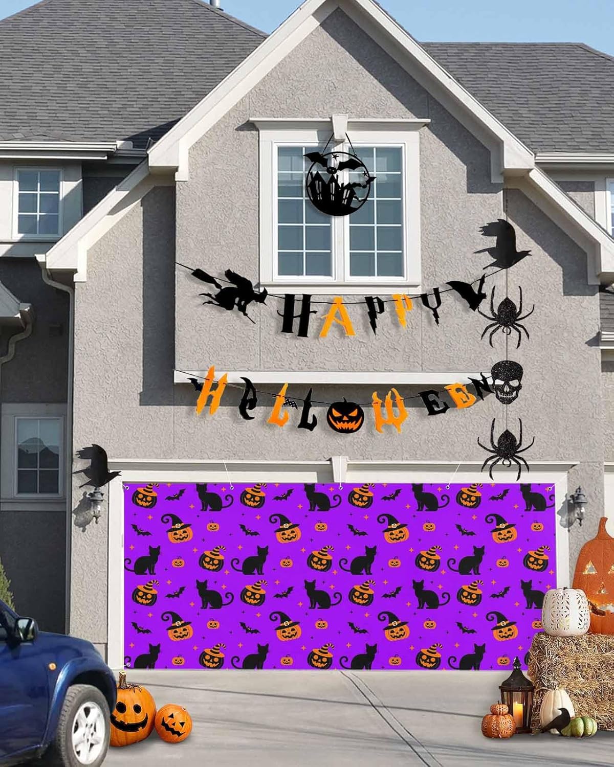 Halloween Cat Pumpkin Ghost Face Bat Garage Door Cover 7x8ft Purple