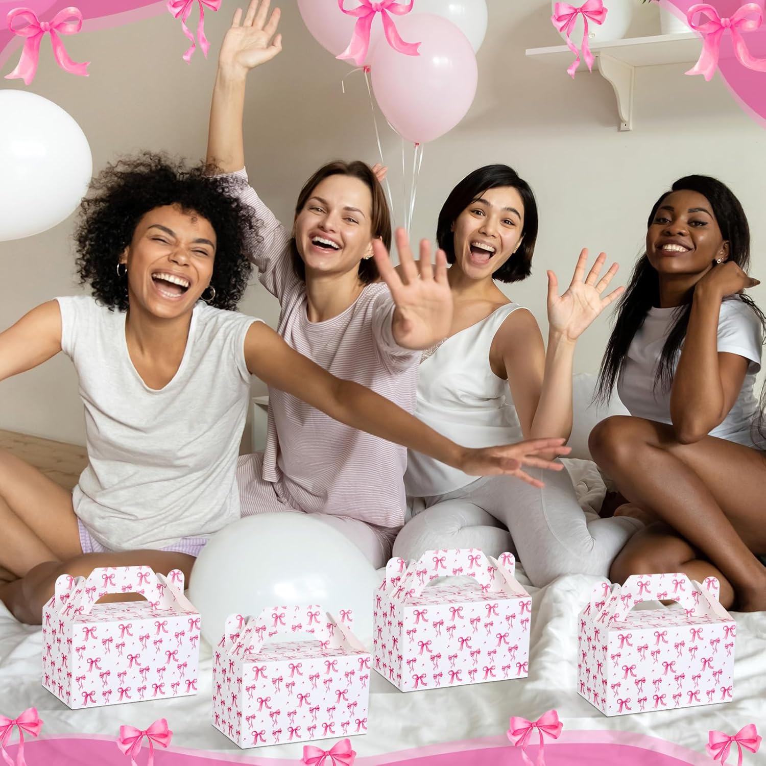 24 Pack Pink Bow Gift Boxes with Handles for Party