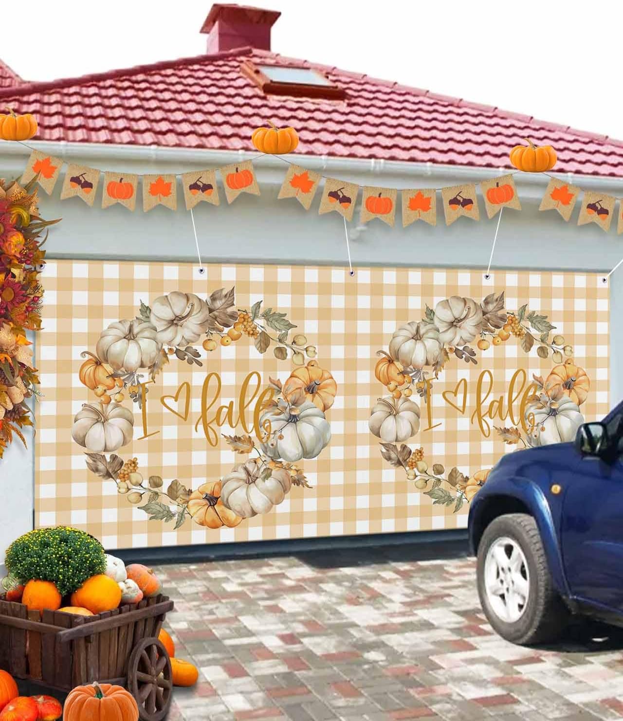 Thanksgiving Fall Pumpkin Berry Garland Garage Door Cover 7x8ft