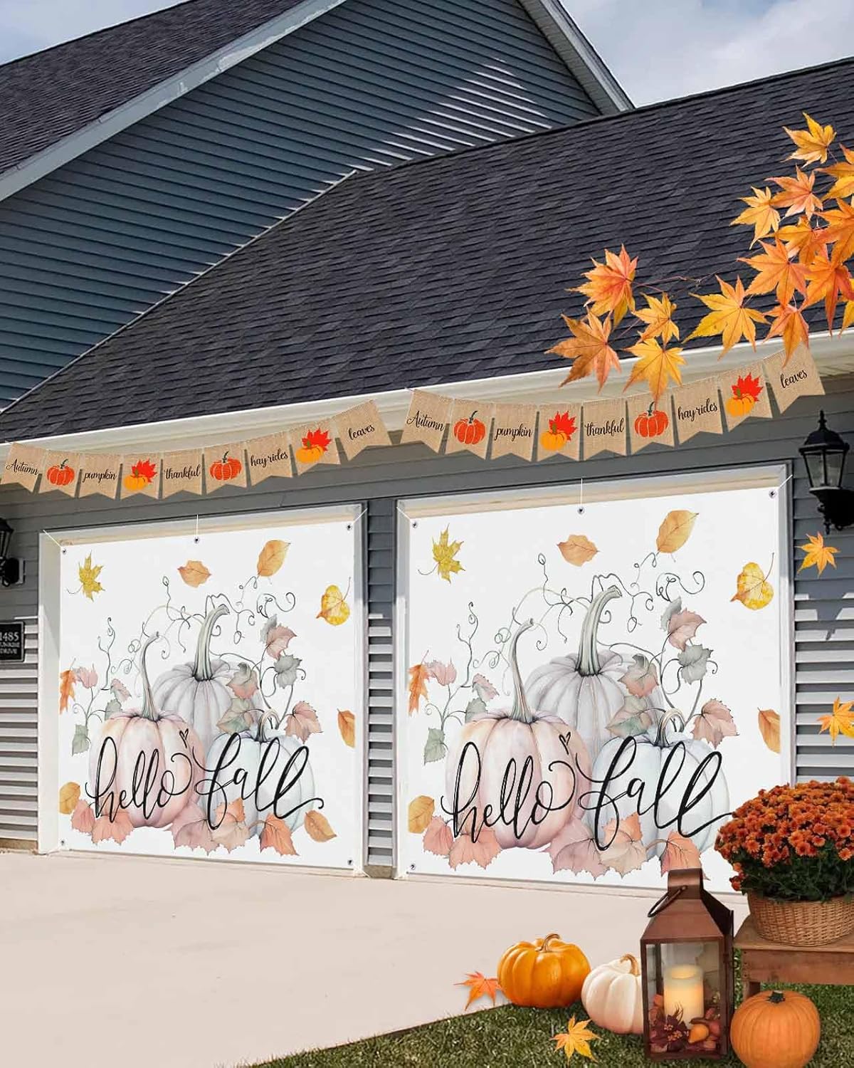 IDOWMAT Fall Thanksgiving Pumpkin Vine Leaf Garage Door Cover 7x8ft