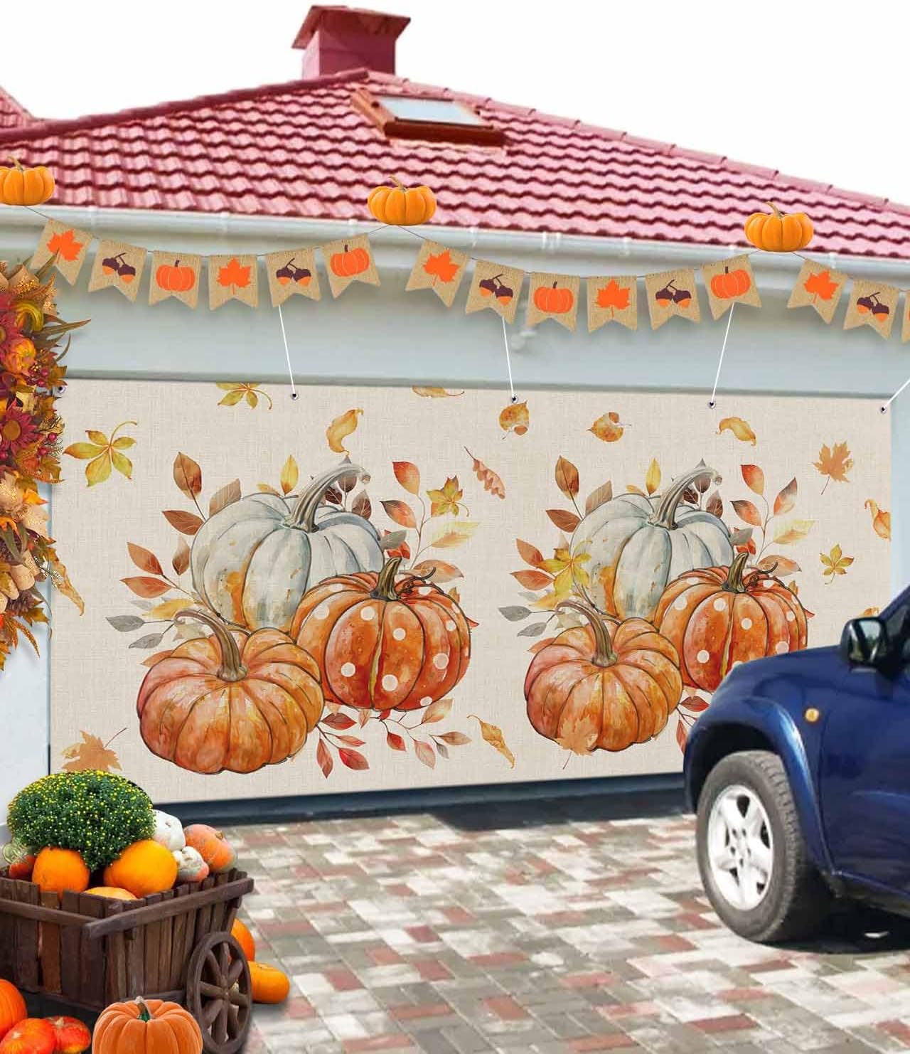 Fall Orange Pumpkin Harvest Burlap Garage Door Cover 7x8ft
