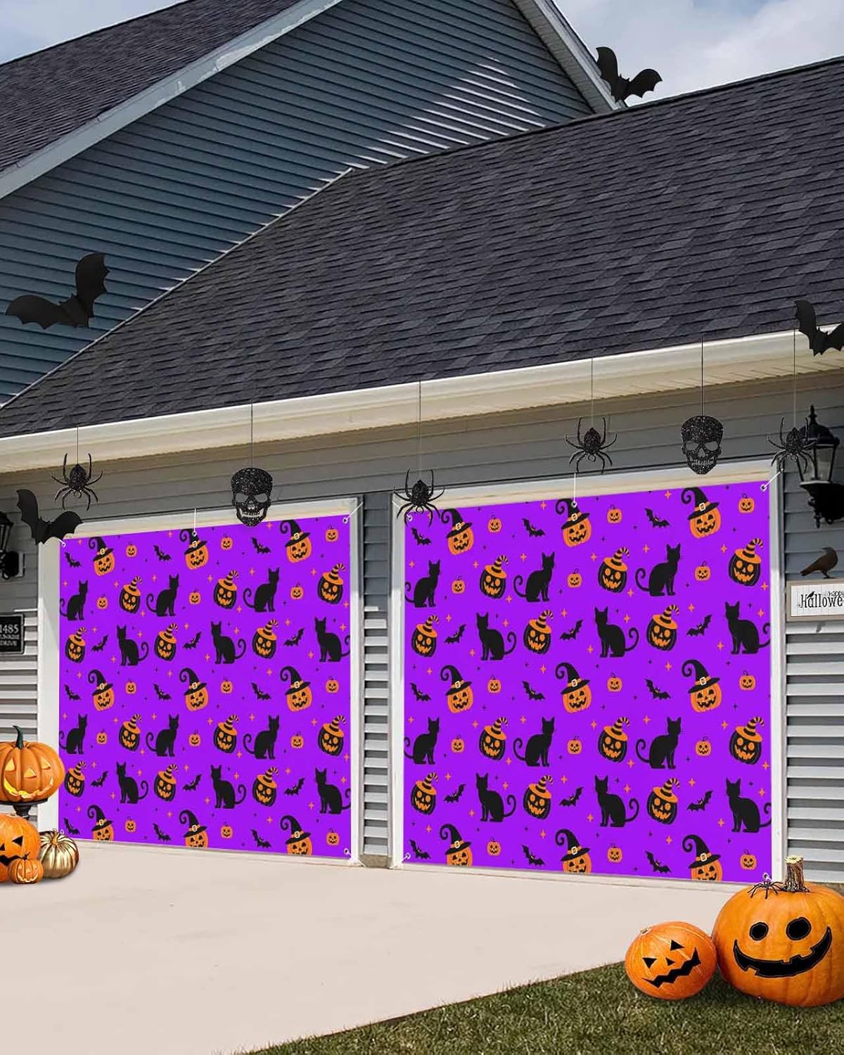Halloween Cat Pumpkin Ghost Face Bat Garage Door Cover 7x8ft Purple
