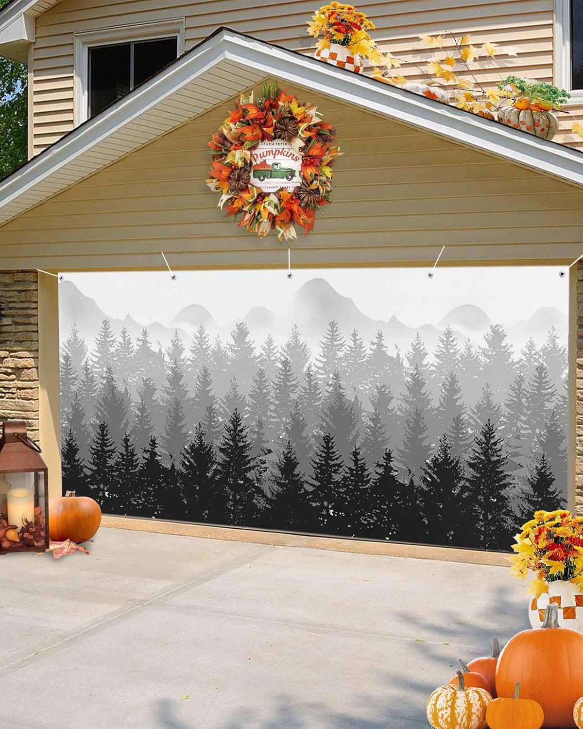 IDOWMAT Black Gray Gradient Trees Garage Door Cover 7x8ft