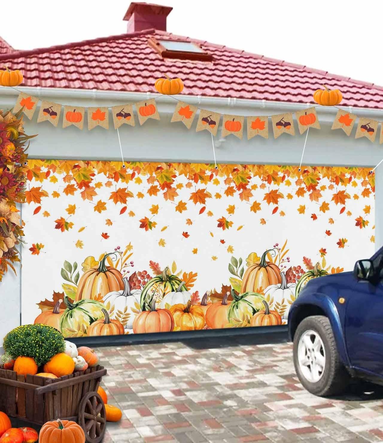 Thanksgiving Pumpkin Maple Leaves Garage Door Cover 7x8ft