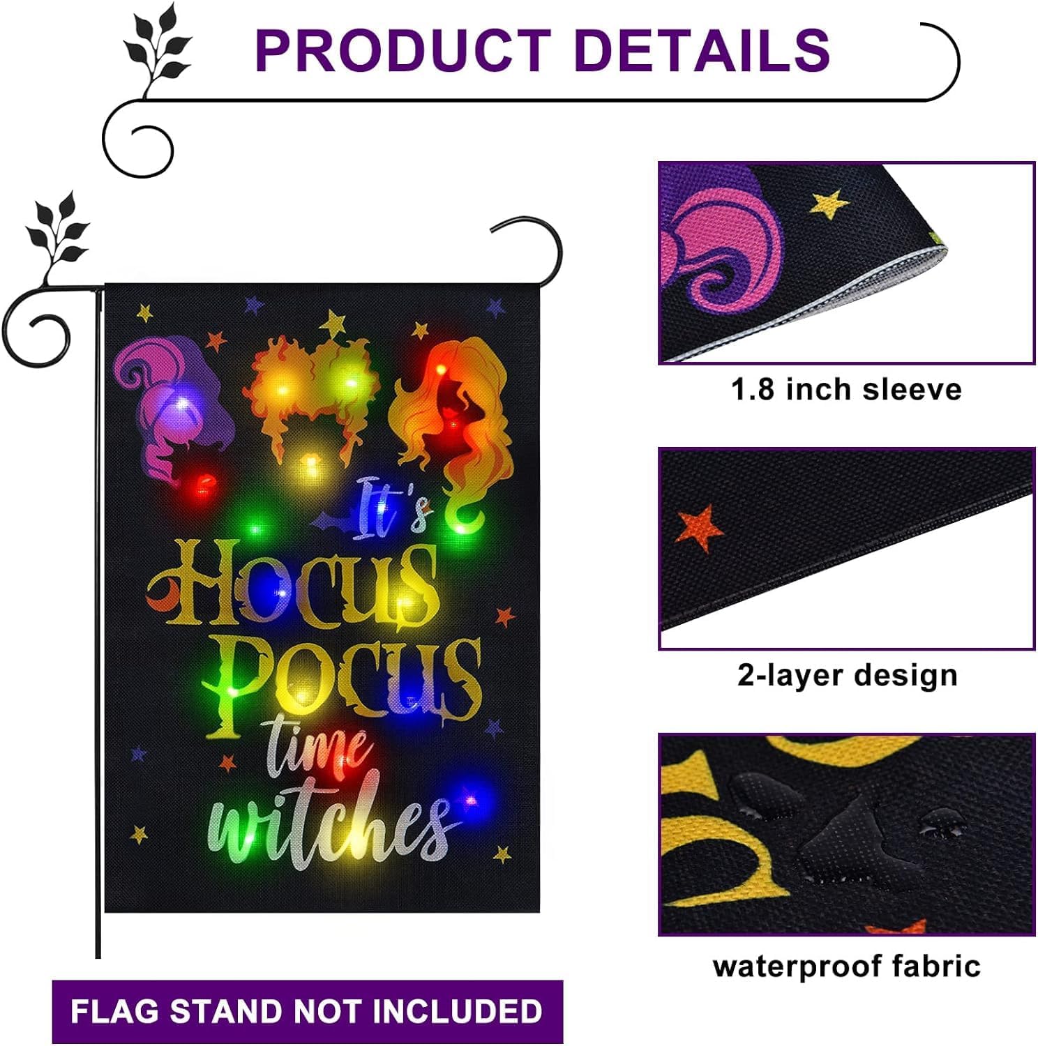 Solar Lighted Halloween Garden Flag Witches Decoration