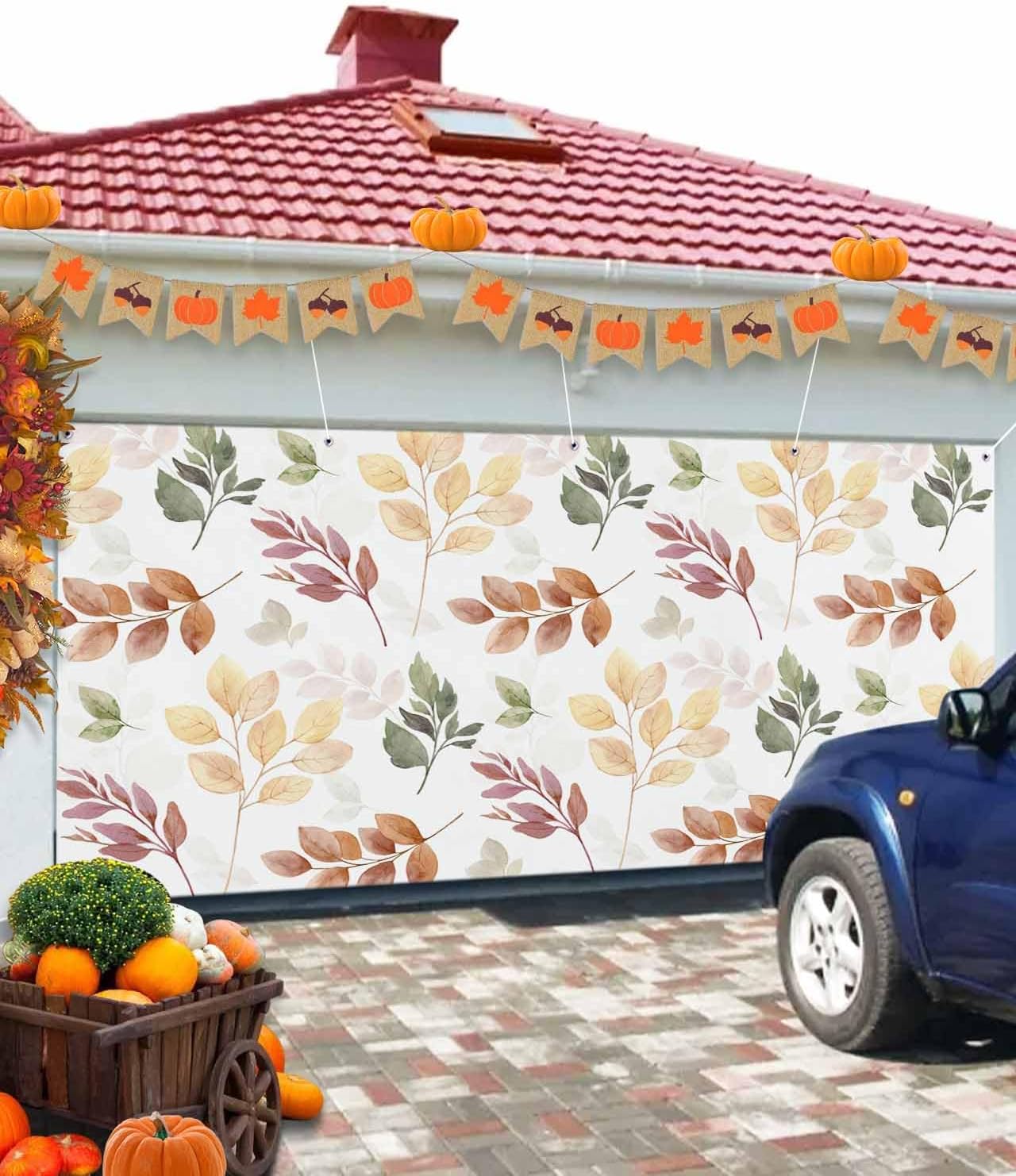 IDOWMAT Autumn Eucalyptus Leaf Garage Door Cover 7x8ft