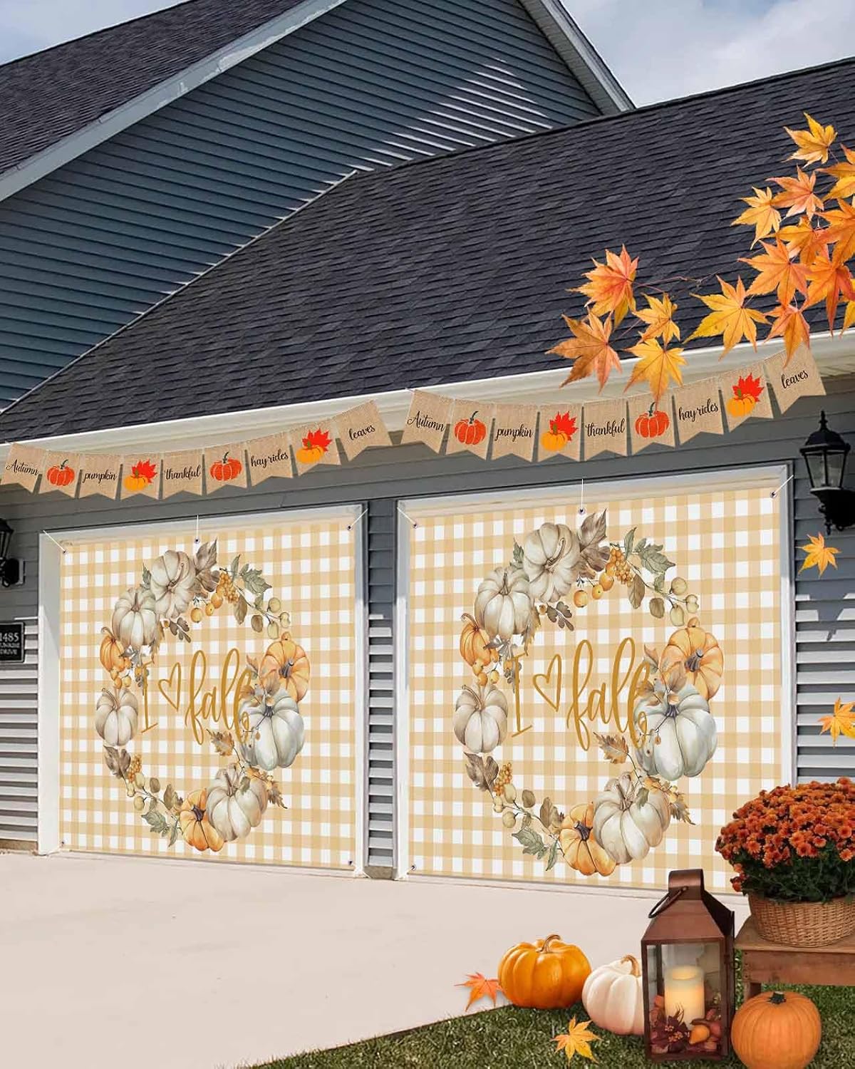 Thanksgiving Fall Pumpkin Berry Garland Garage Door Cover 7x8ft