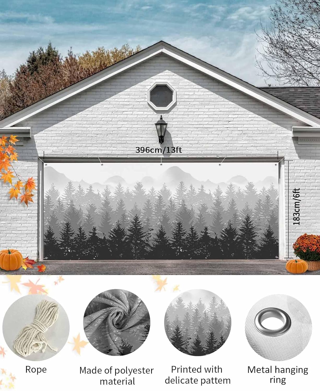 IDOWMAT Black Gray Gradient Trees Garage Door Cover 7x8ft