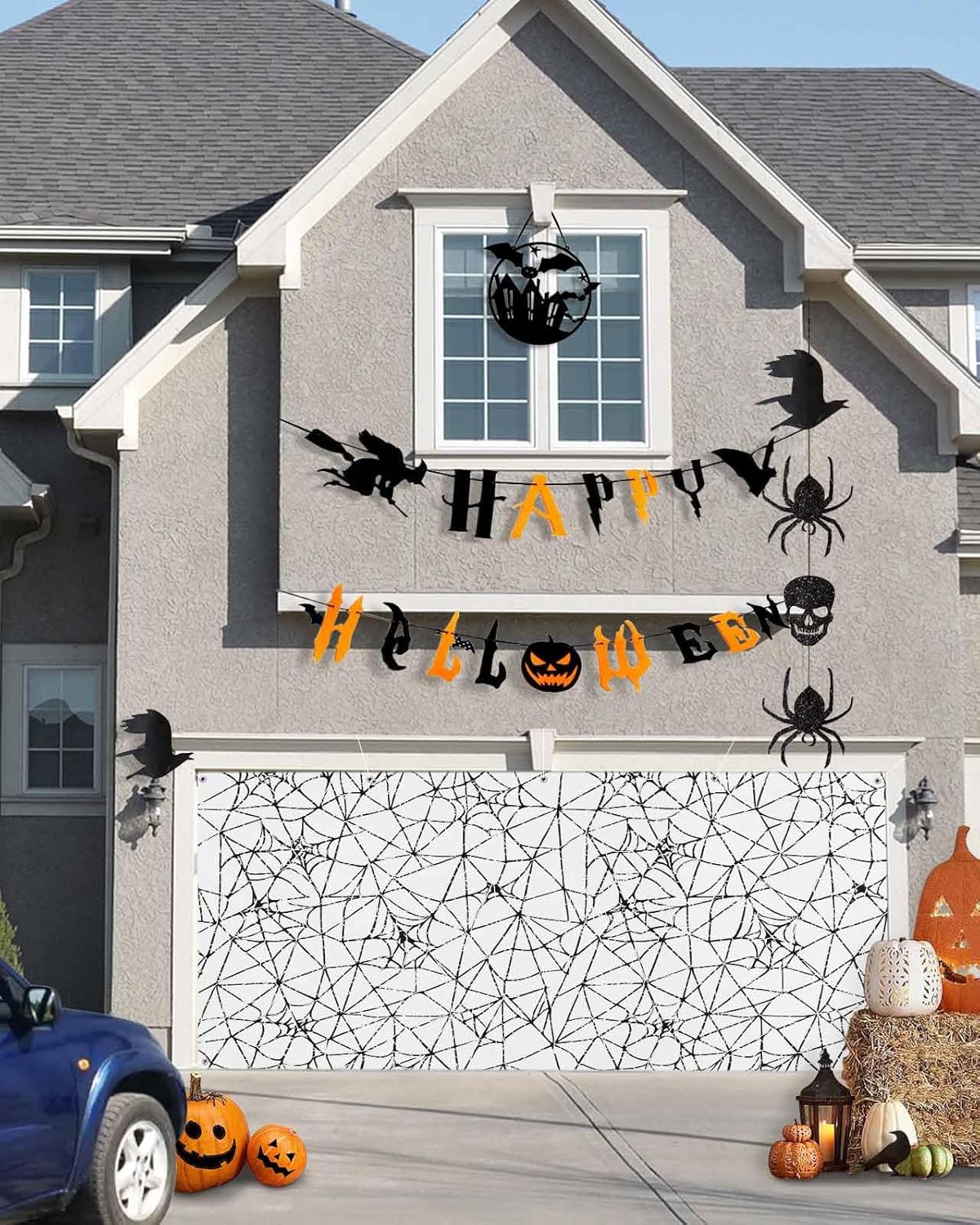 Scary Halloween Black Cobweb Garage Door Cover 7x8ft 1