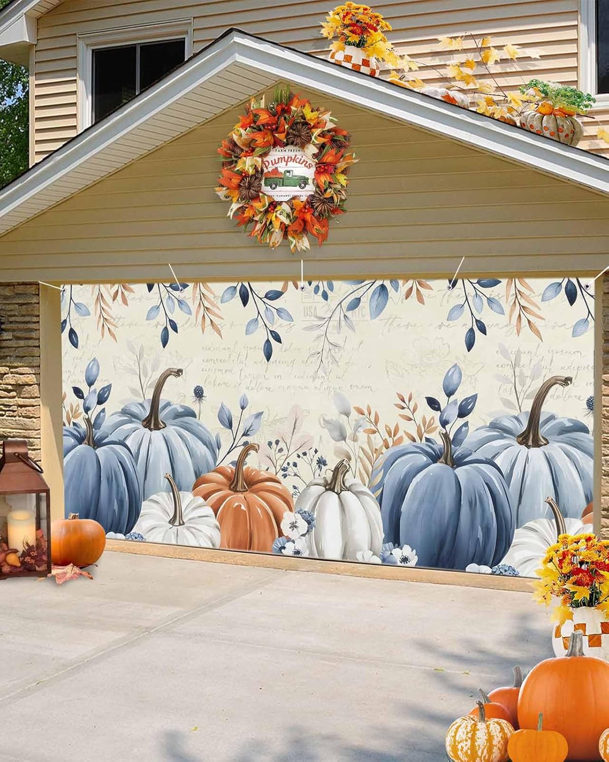 IDOWMAT Blue Pumpkin Autumn Leaves Butterfly Garage Door Cover 7x8ft