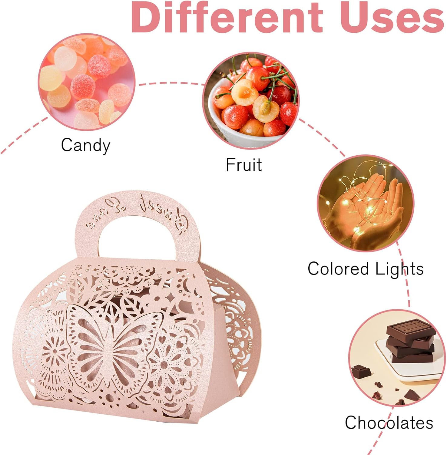 25PCS Pink Laser Cut Favor Boxes with Handle