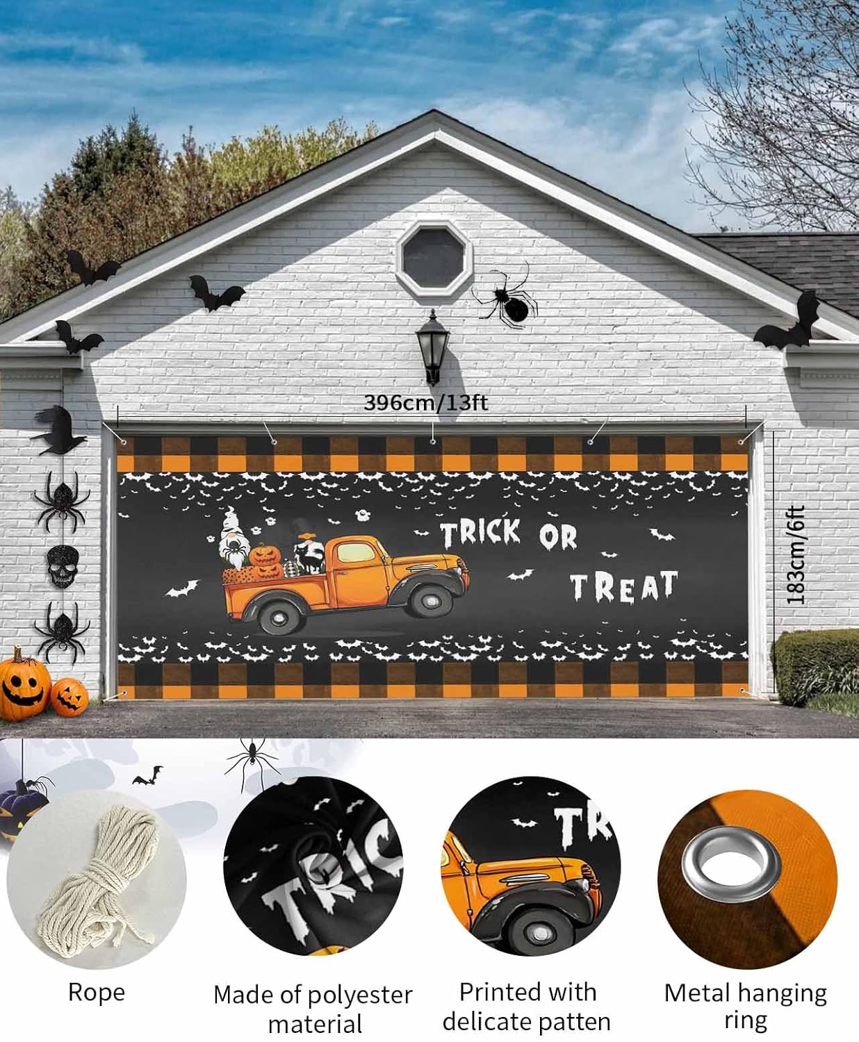 Halloween Bats Garages Door Cover 7x8ft with Hanging Ropes