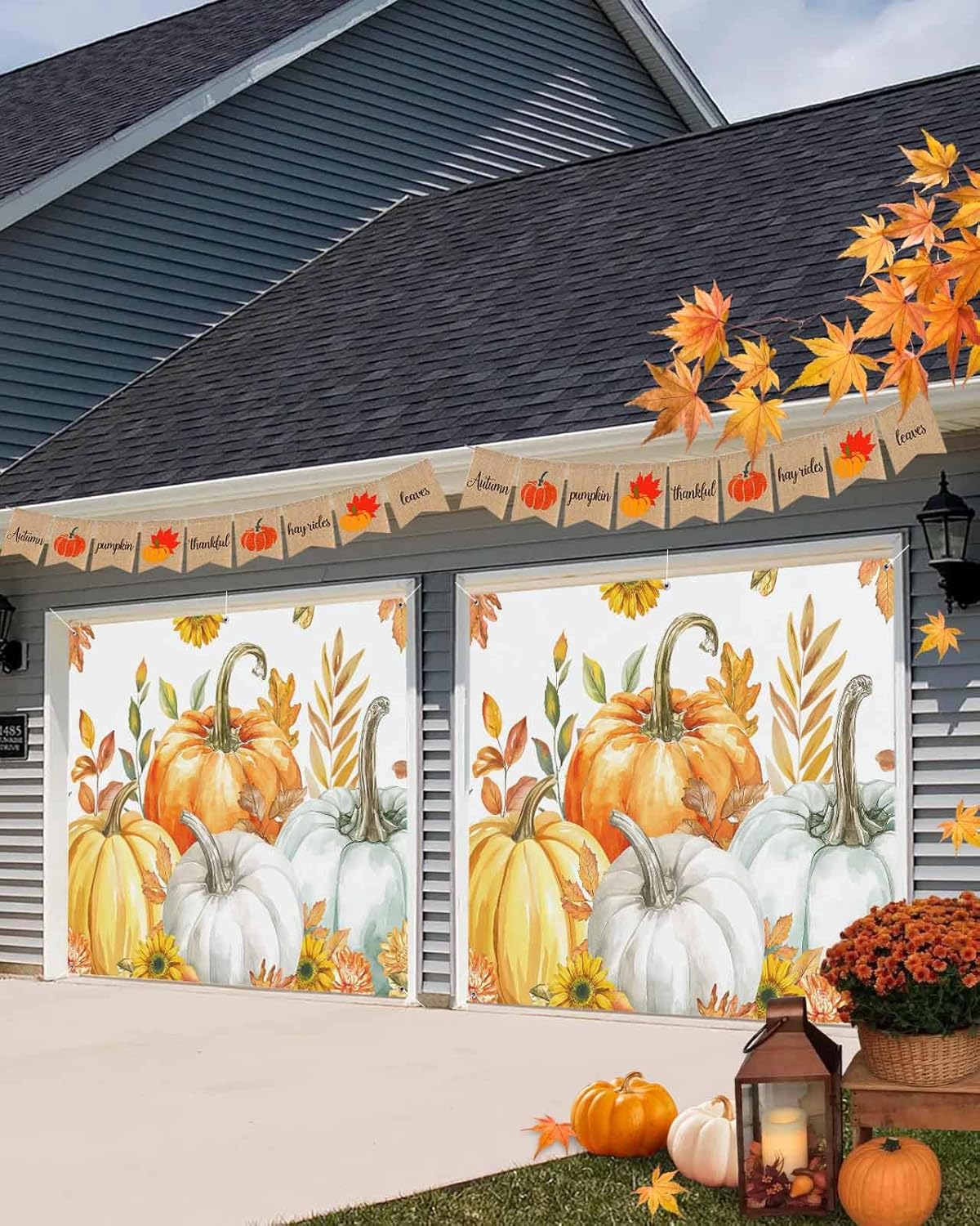 Thanksgiving Fall Pumpkin Floral Garage Door Cover 7x8ft