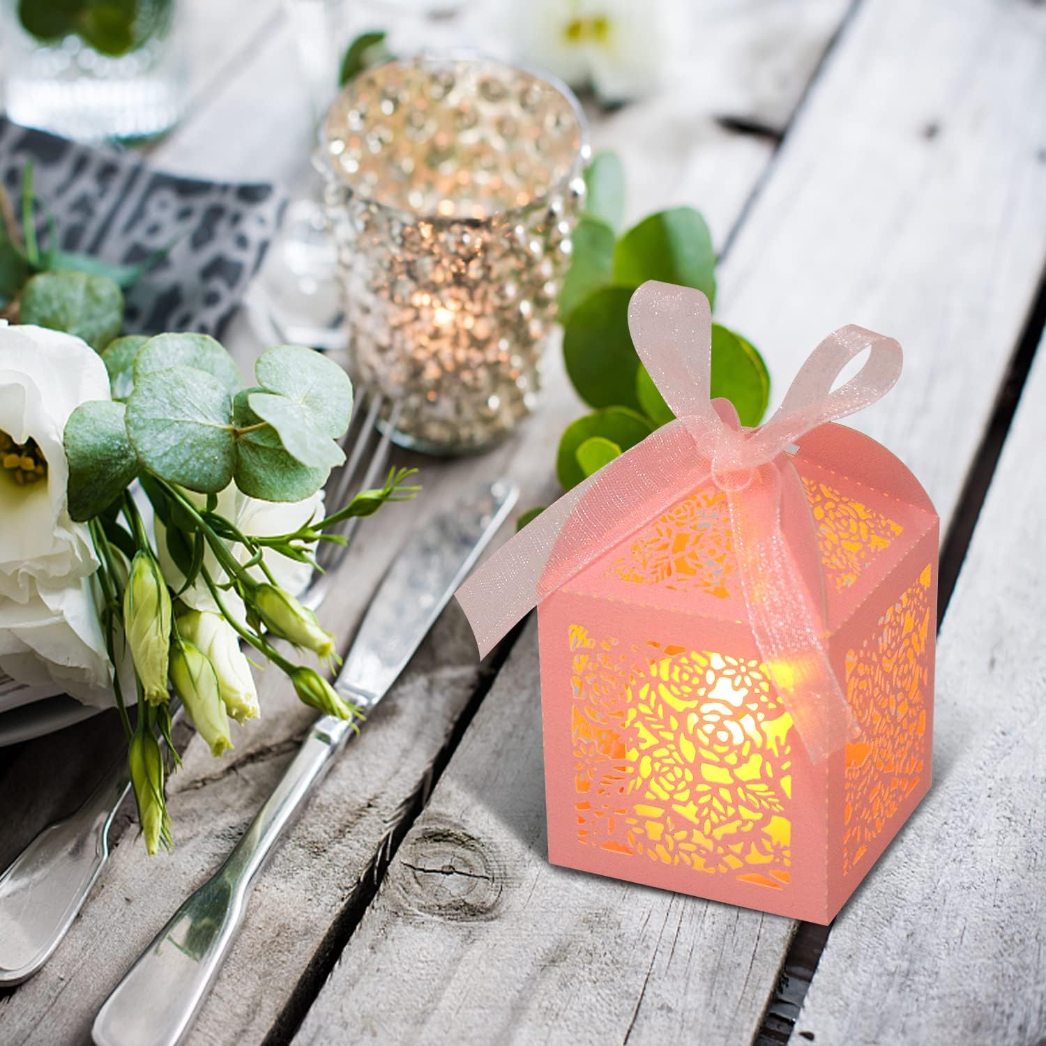 100pcs Pink Laser Cut Favor Boxes with Ribbons
