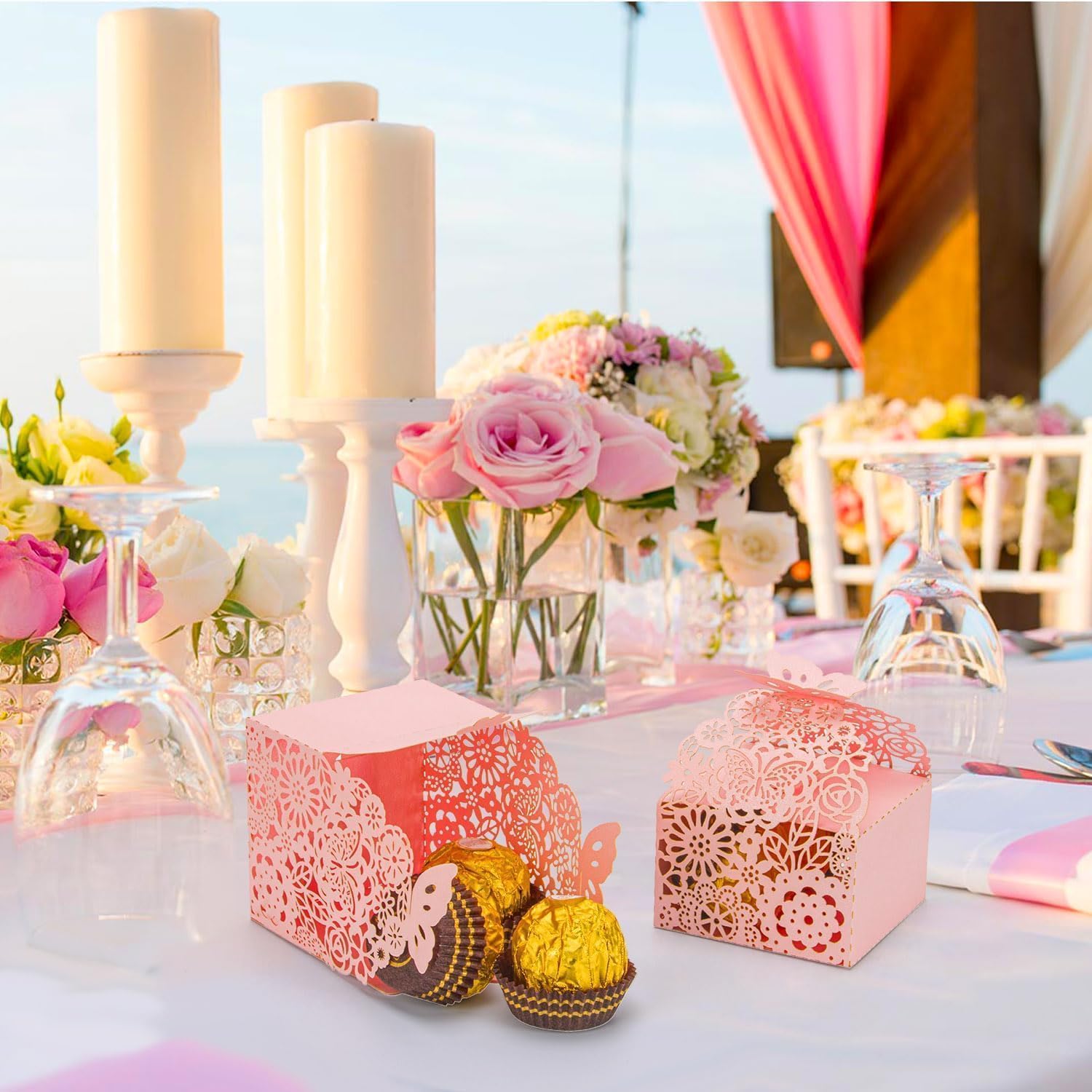 50pcs Pink Laser Cut Butterfly Favor Boxes