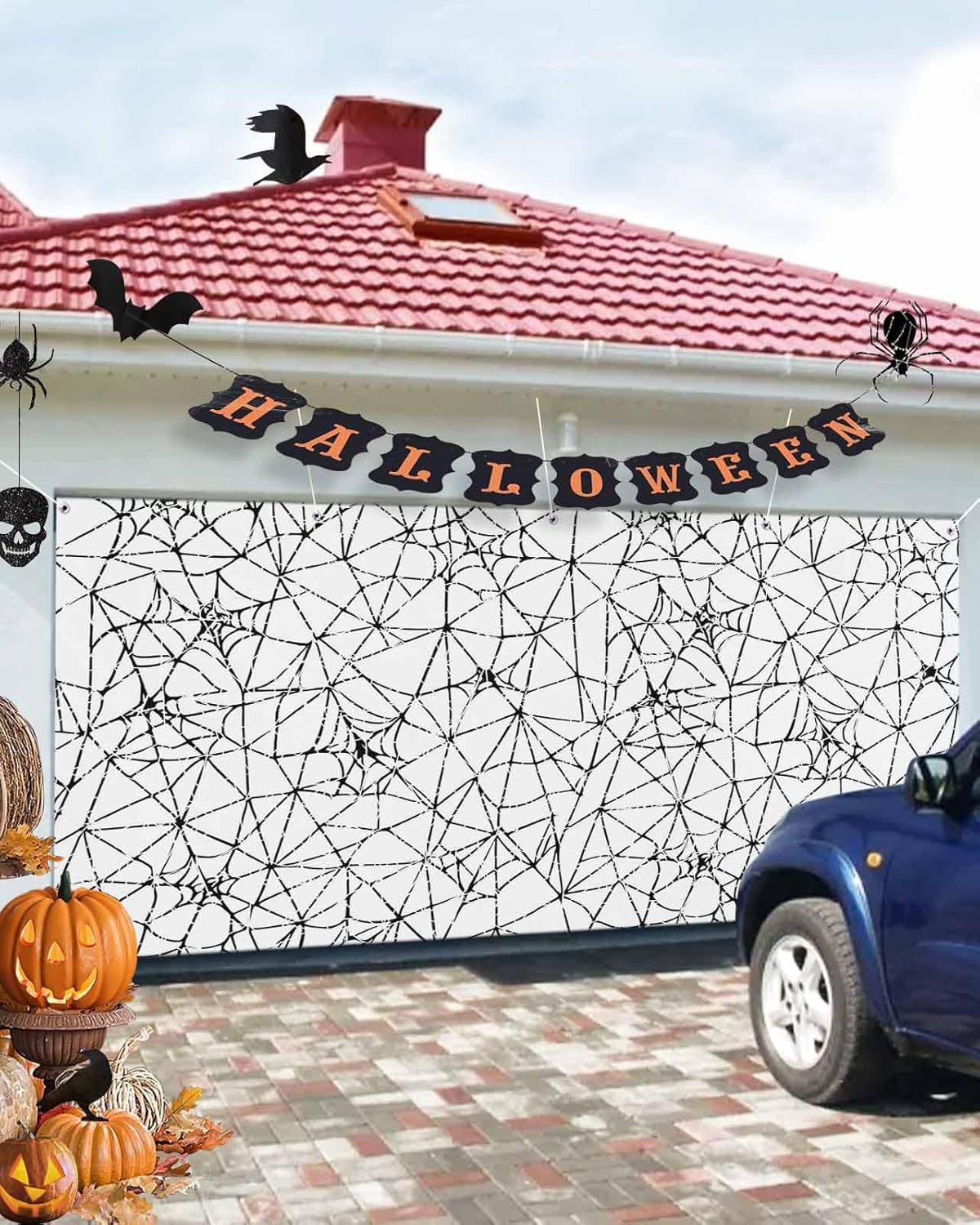Scary Halloween Black Cobweb Garage Door Cover 7x8ft 1