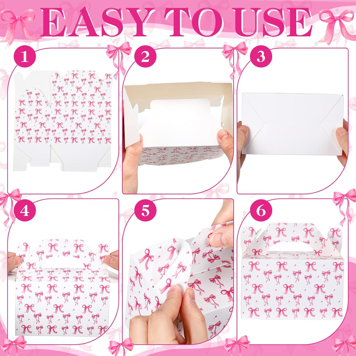 24 Pack Pink Bow Gift Boxes with Handles for Party