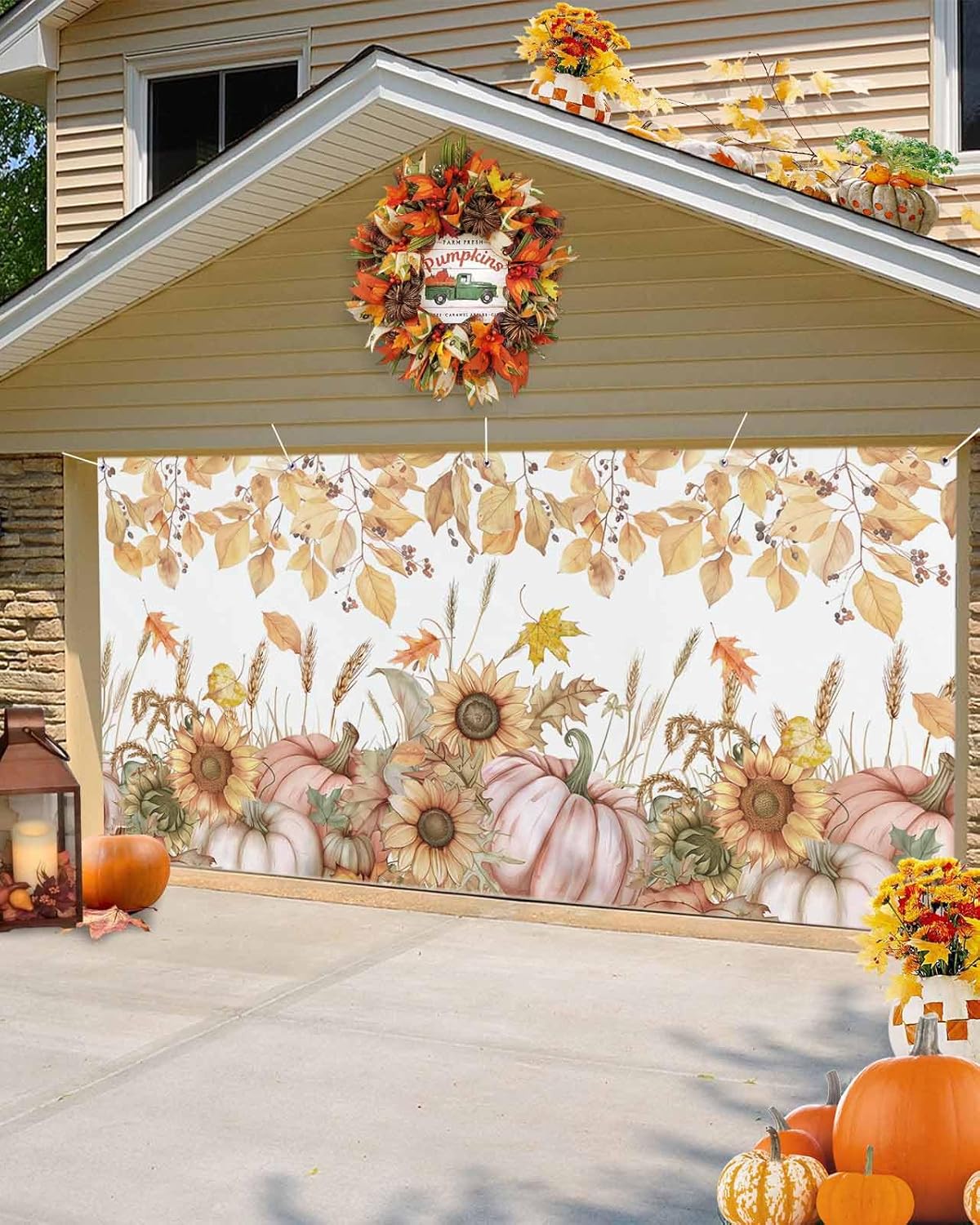IDOWMAT Autumn Pumpkin Sunflower Garage Door Cover 7x8ft