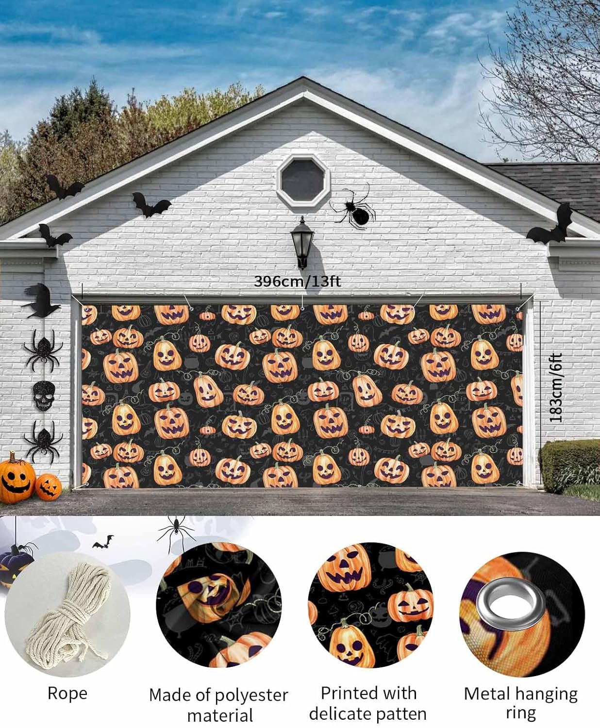Halloween Pumpkin Ghost Face Garage Door Cover 7x8ft
