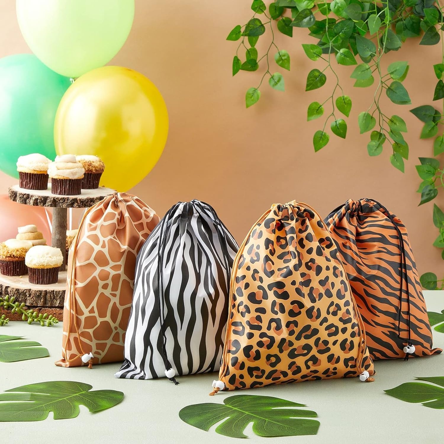 Blue Panda 12 Pack Animal Print Drawstring Gift Bags