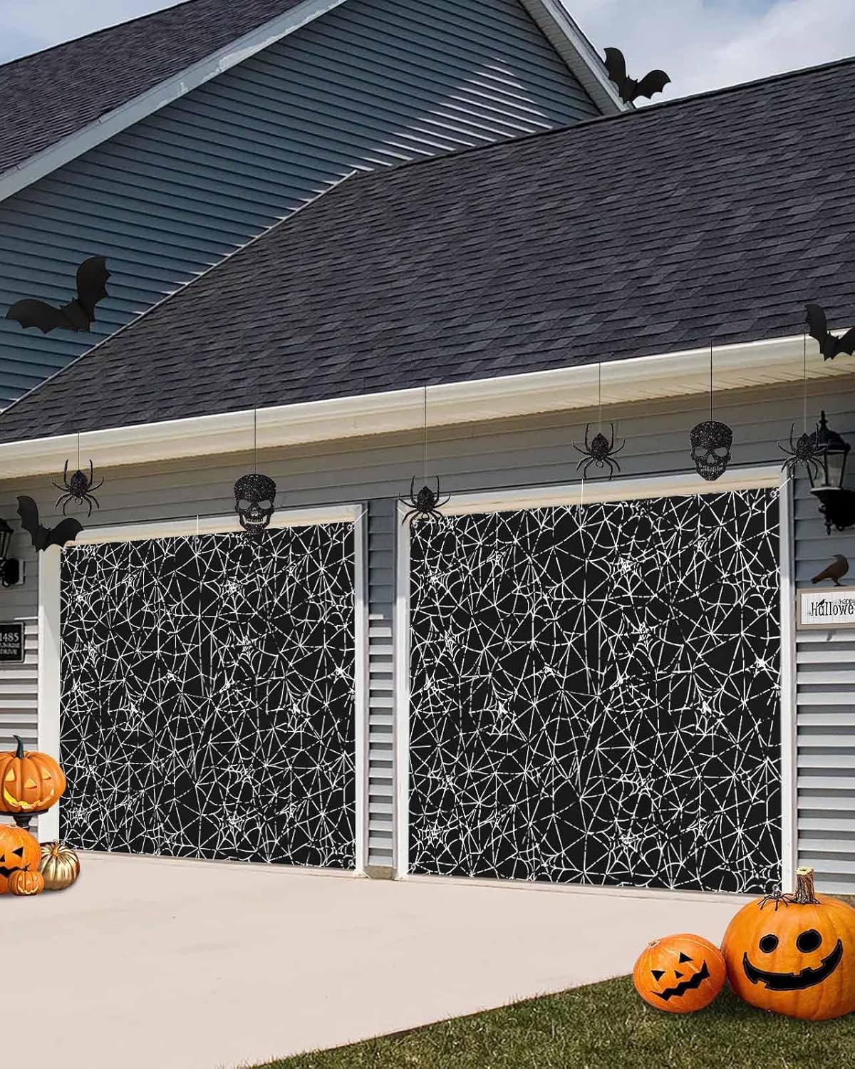 Scary Halloween Black Cobweb Garage Door Cover 7x8ft
