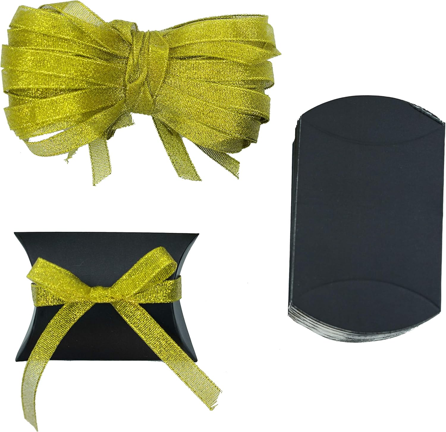 Black Kraft Pillow Candy Boxes with Gold Ribbon 50pc Set