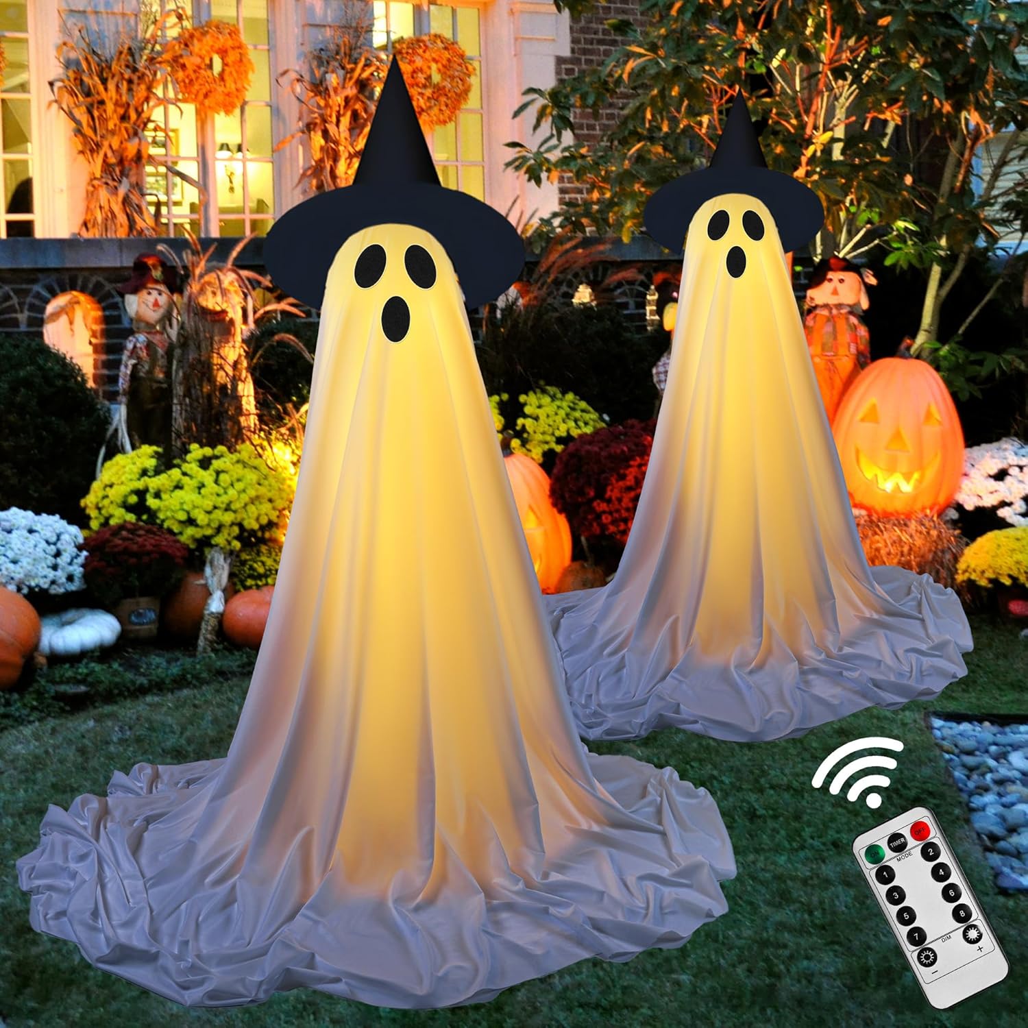 2Packs Halloween Ghost Decorations with Remote Control String Lights