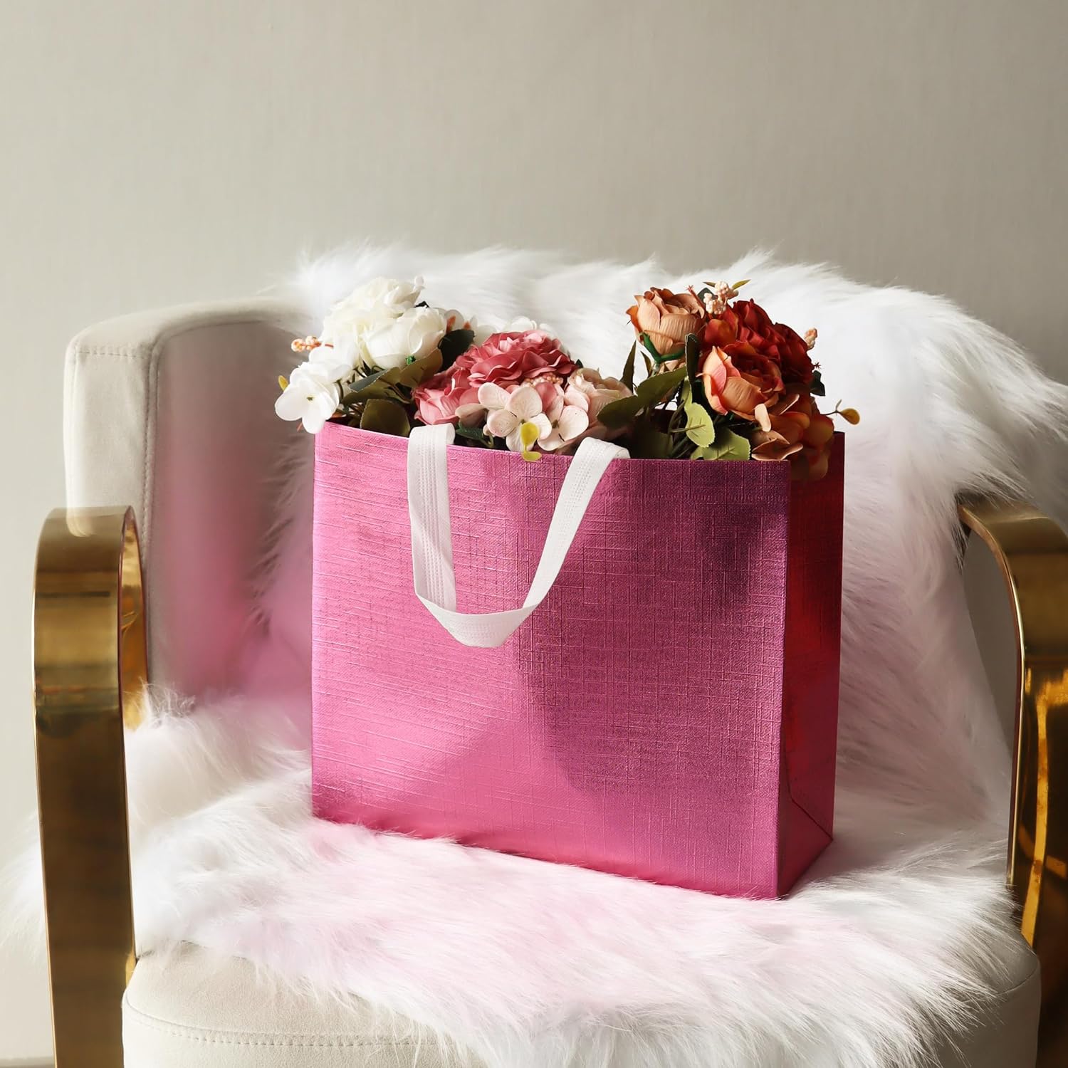 Pink Reusable Gift Bags with Handles 25 Pcs Metallic Design