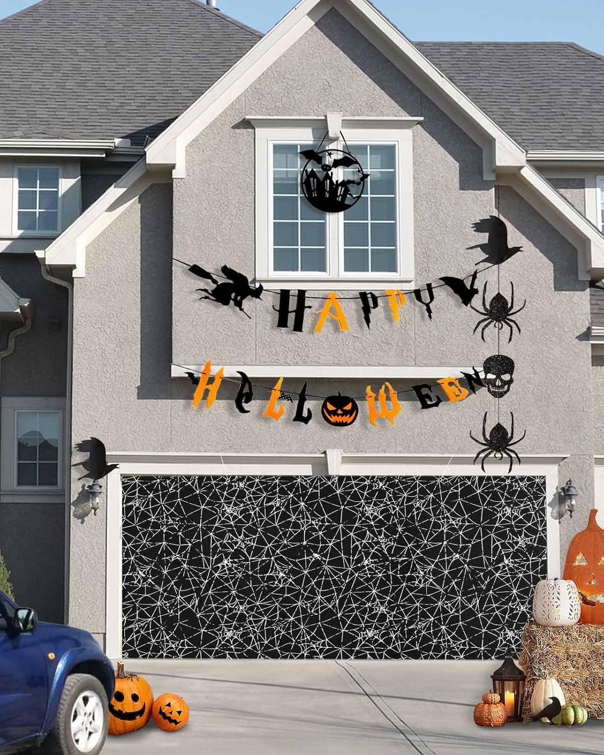 Scary Halloween Black Cobweb Garage Door Cover 7x8ft