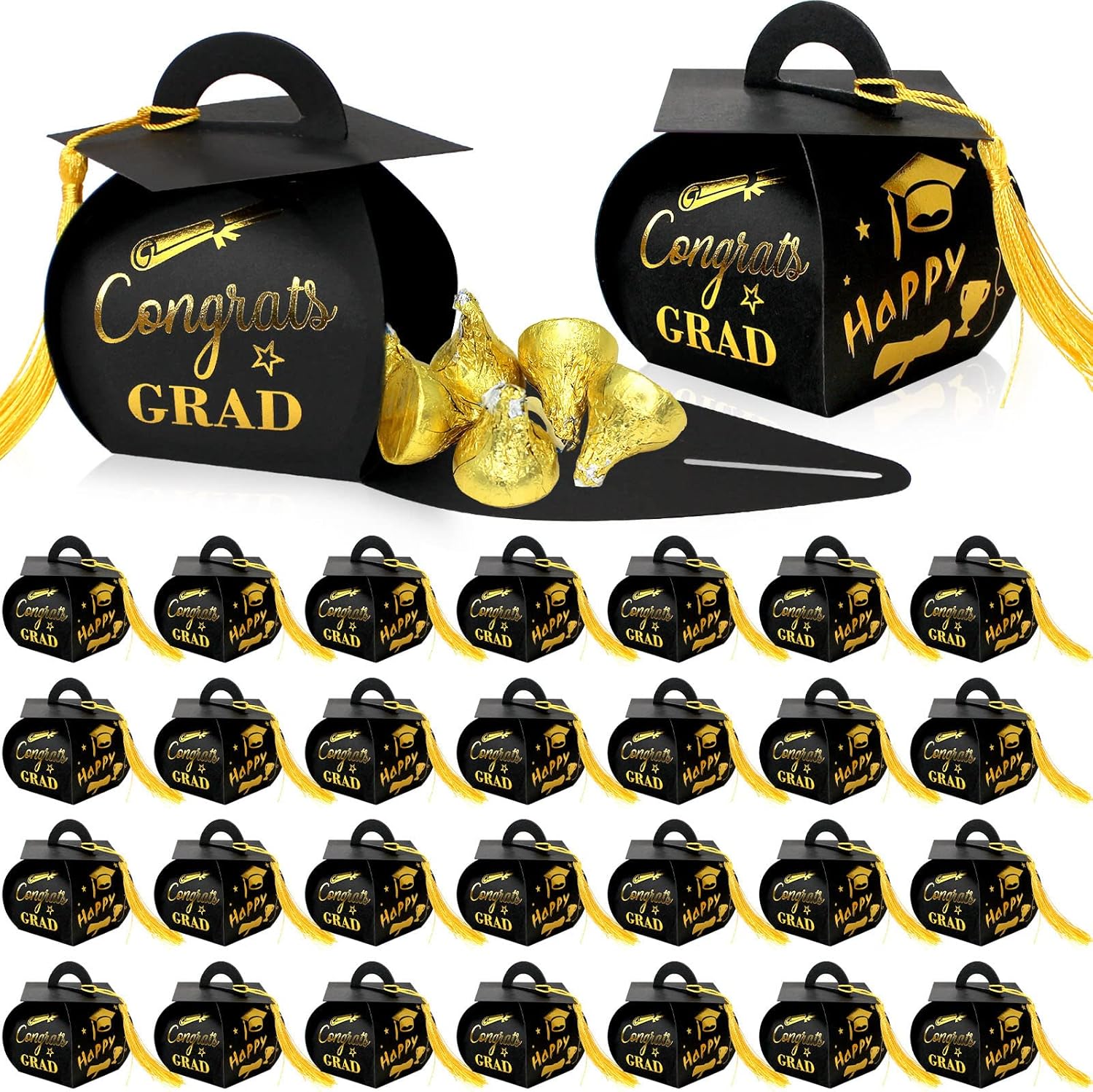 30 Pcs Black and Gold Graduation Cap Gift Boxes with Tassel