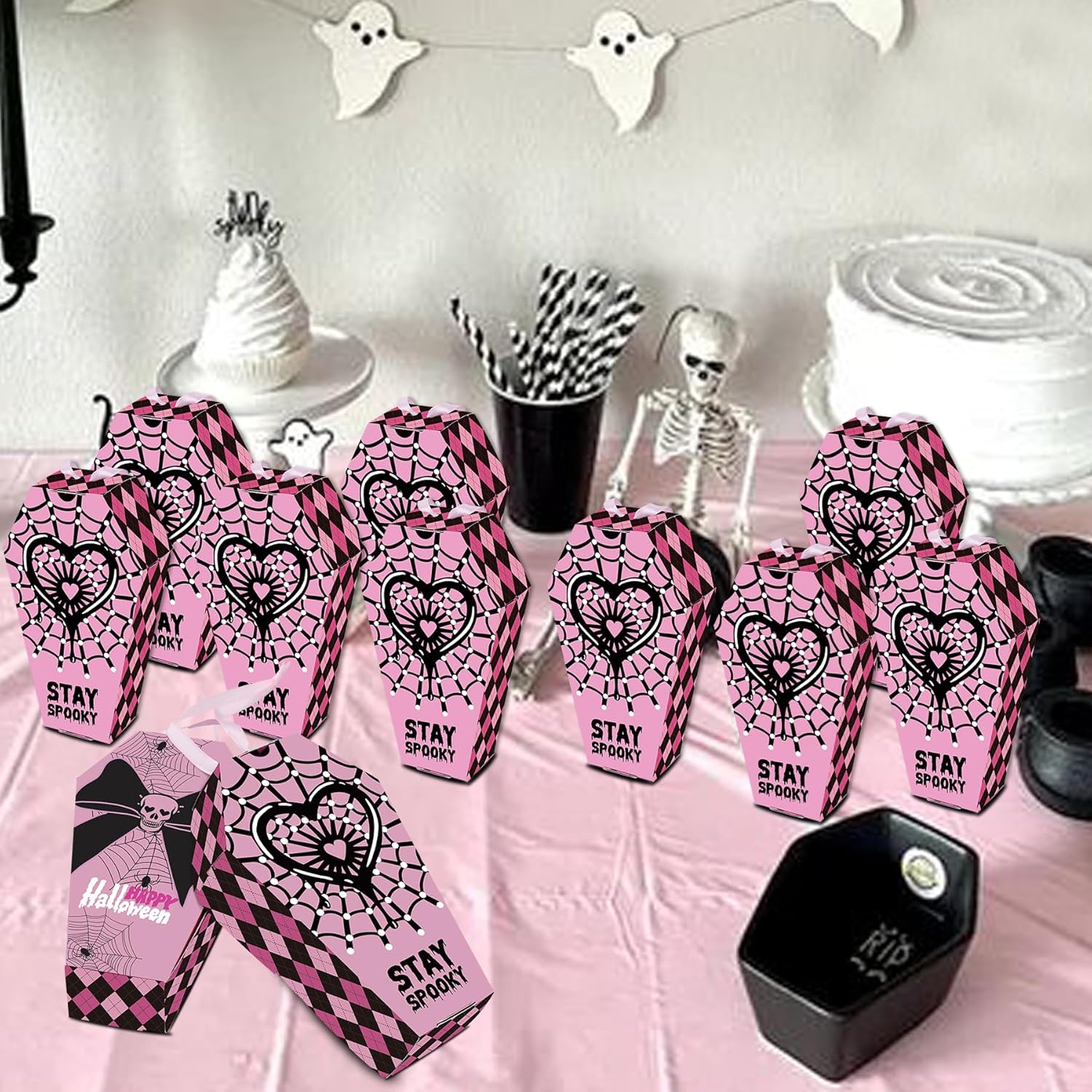 HOMEZZO 24 Pink Spider Web Coffin Boxes Halloween Decor