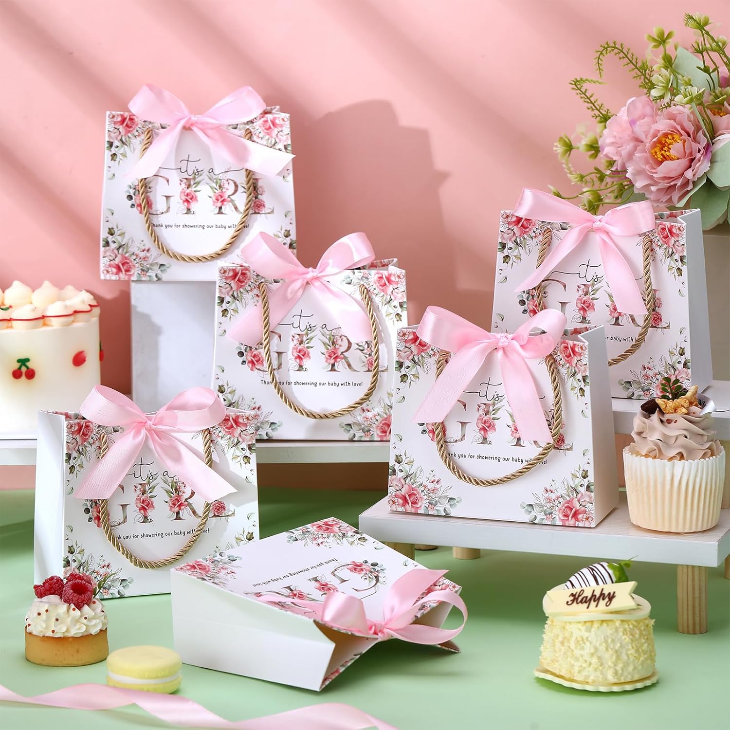 Spakon 25 Sets Girl Gift Bags with Handle and Ribbon