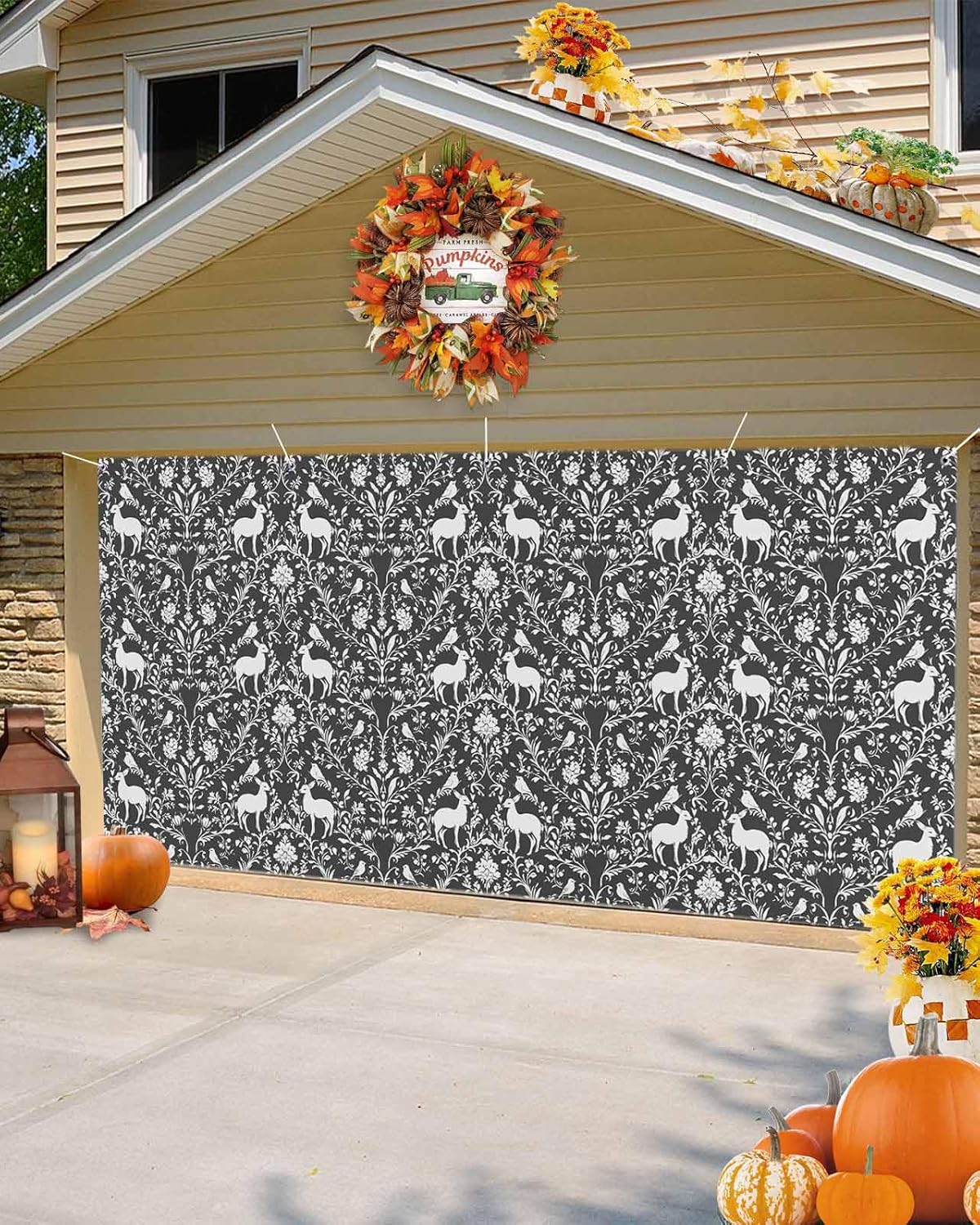 Grey Boho Reindeer Garage Door Cover 6x13ft with Grommets