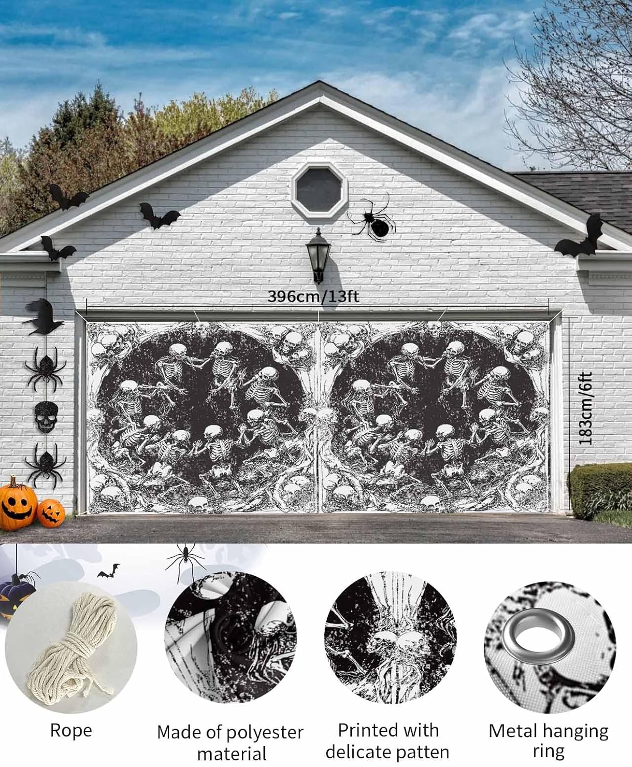 Halloween Skeletons Garage Door Cover 7x8ft Retro Modern Art Banner