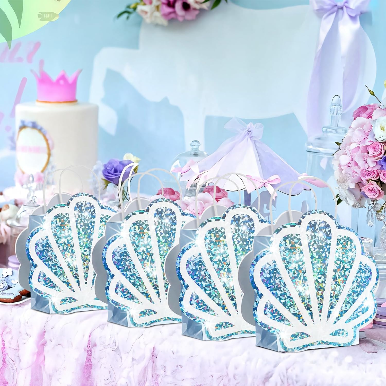 Sariiraw 16 Pack Holographic Seashell Gift Bags with Handles