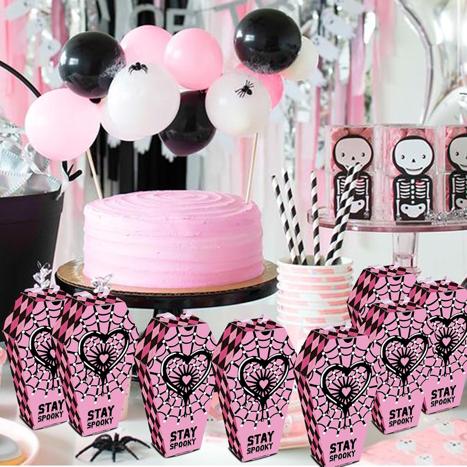 HOMEZZO 24 Pink Spider Web Coffin Boxes Halloween Decor