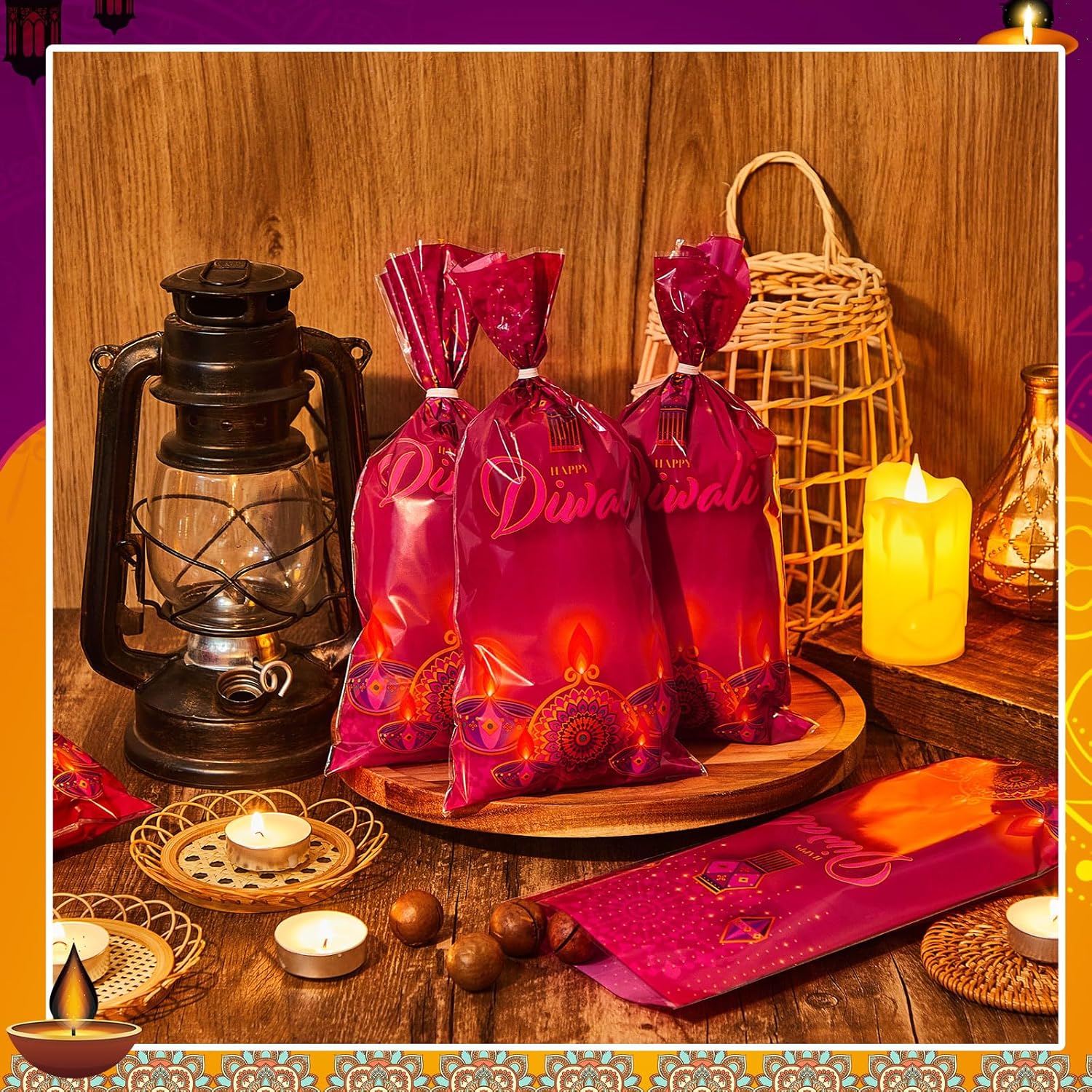 Tenceur 100 Pcs Diwali Cellophane Bags with Ties
