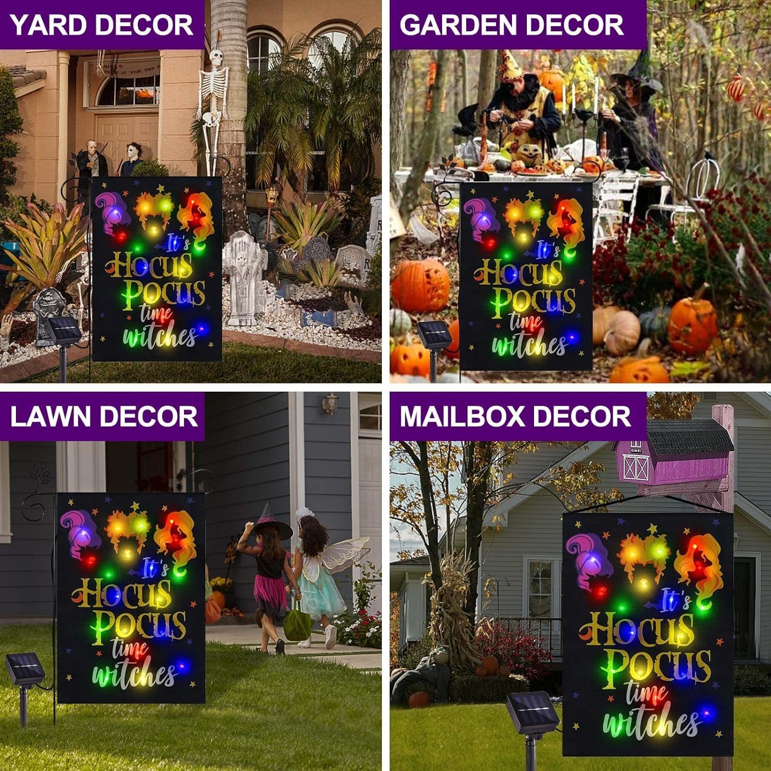 Solar Lighted Halloween Garden Flag Witches Decoration