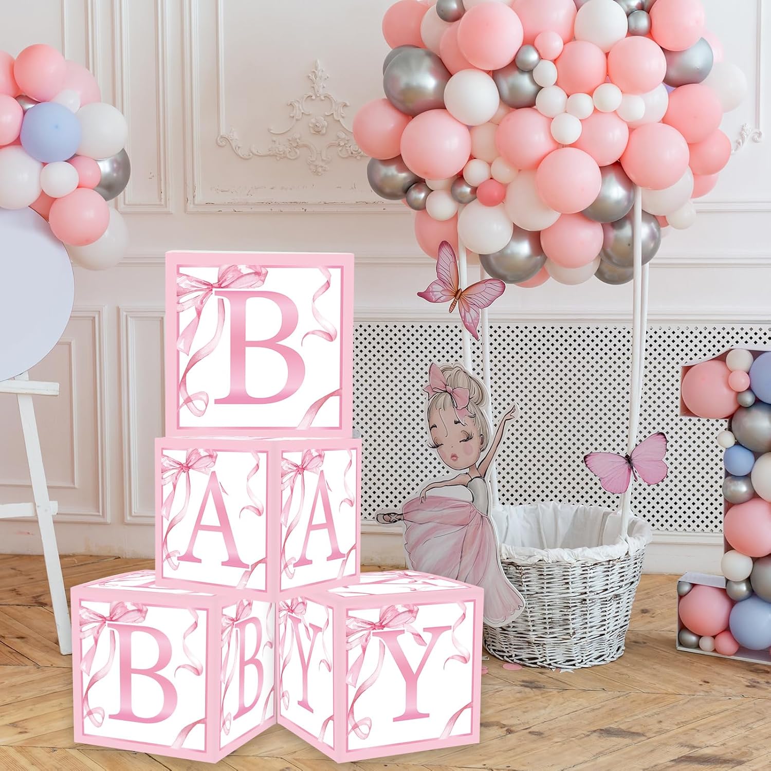 FYSUIMU 4Pcs Baby Shower Letter Box with Pink Bow Balloons
