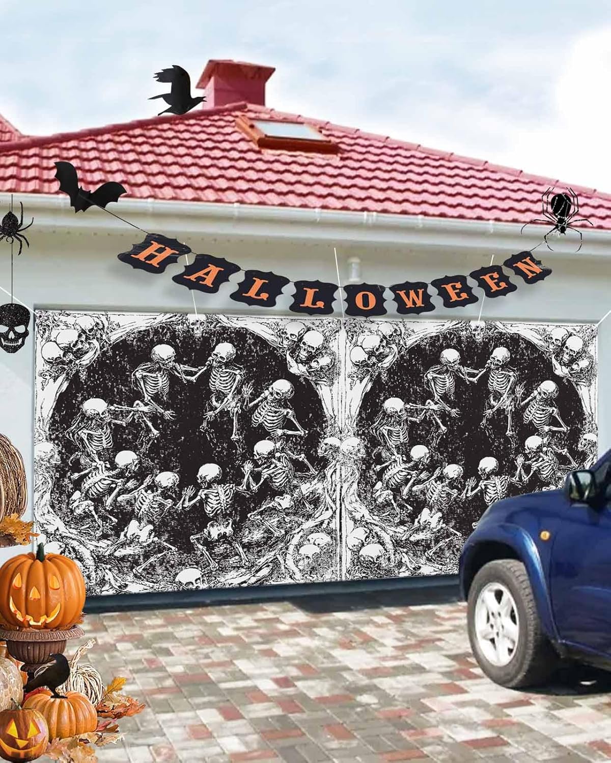 Halloween Skeletons Garage Door Cover 7x8ft Retro Modern Art Banner