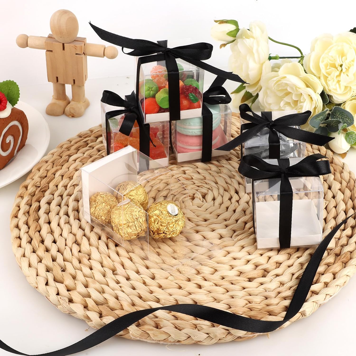 Hxezoc 50 Pack Clear Favor Boxes 2x2x2 Inches with Black Ribbons
