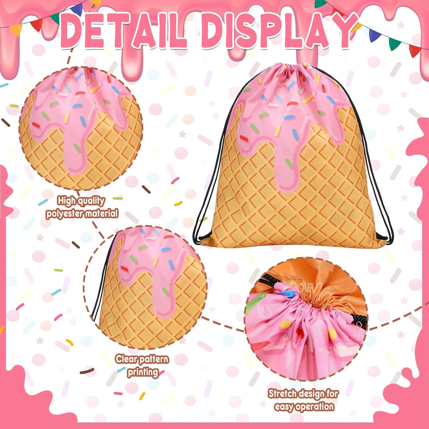 Sunnymove 16 Pcs Ice Cream Gift Bags Cute Drawstring Backpacks